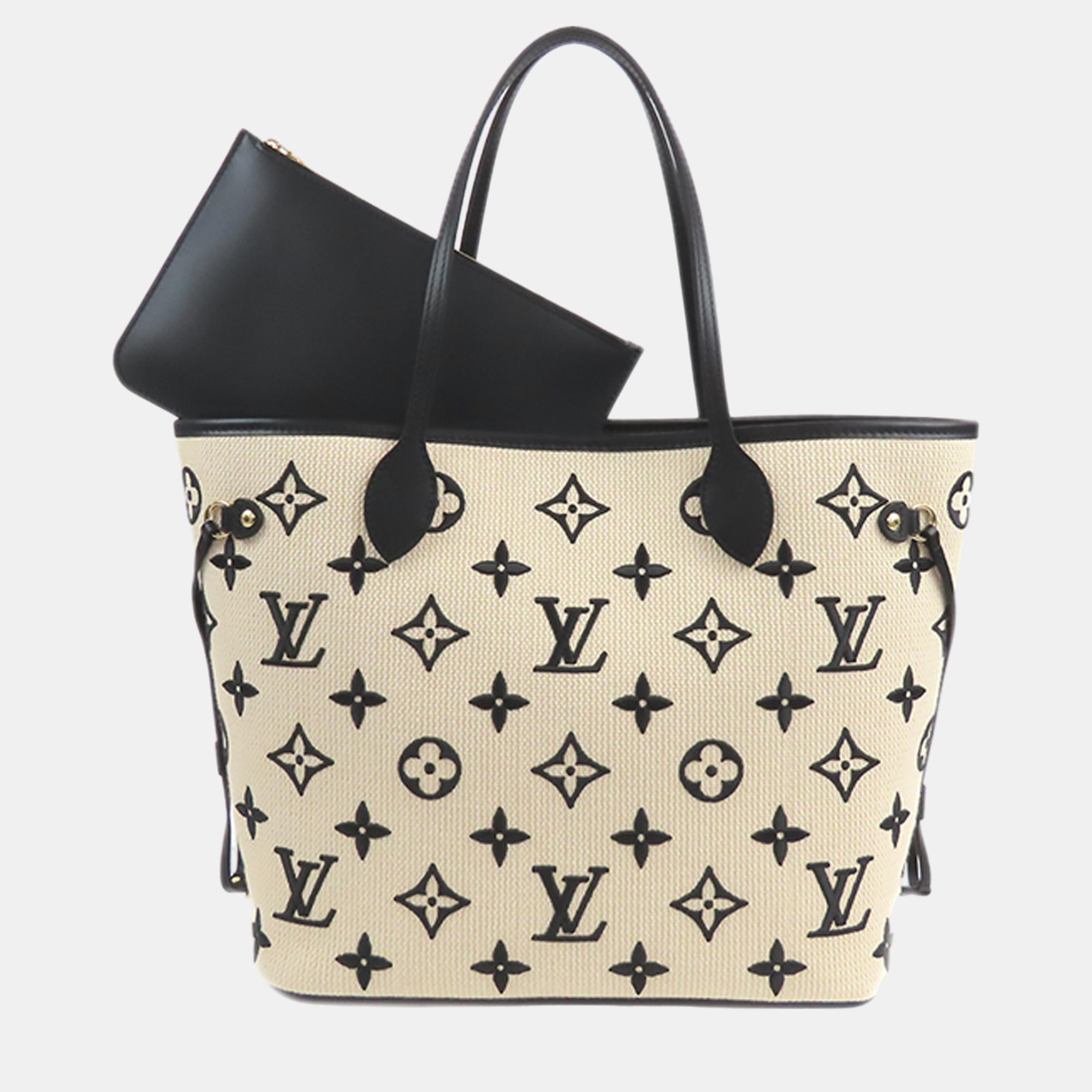 Louis vuitton brown/beige monogram embroidered cotton by the pool neverfull mm