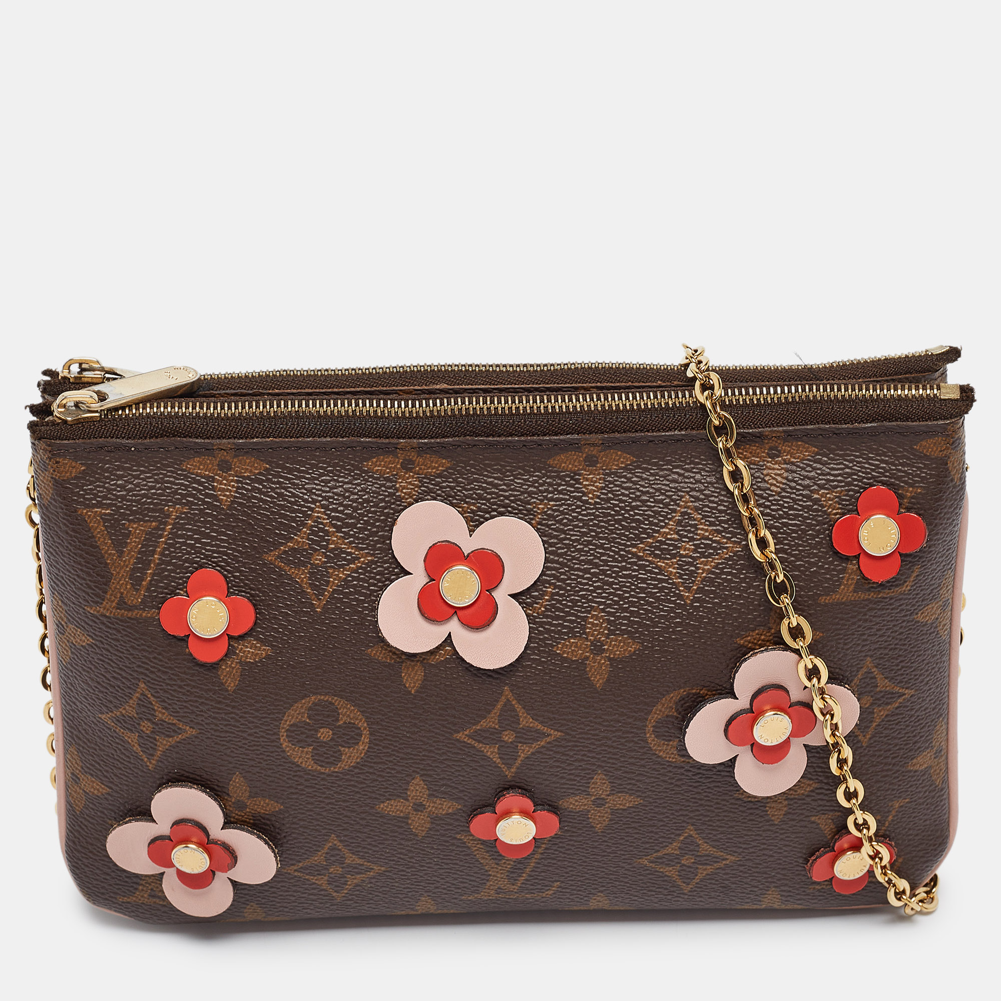 Louis vuitton monogram canvas blooming flowers double zip pochette bag