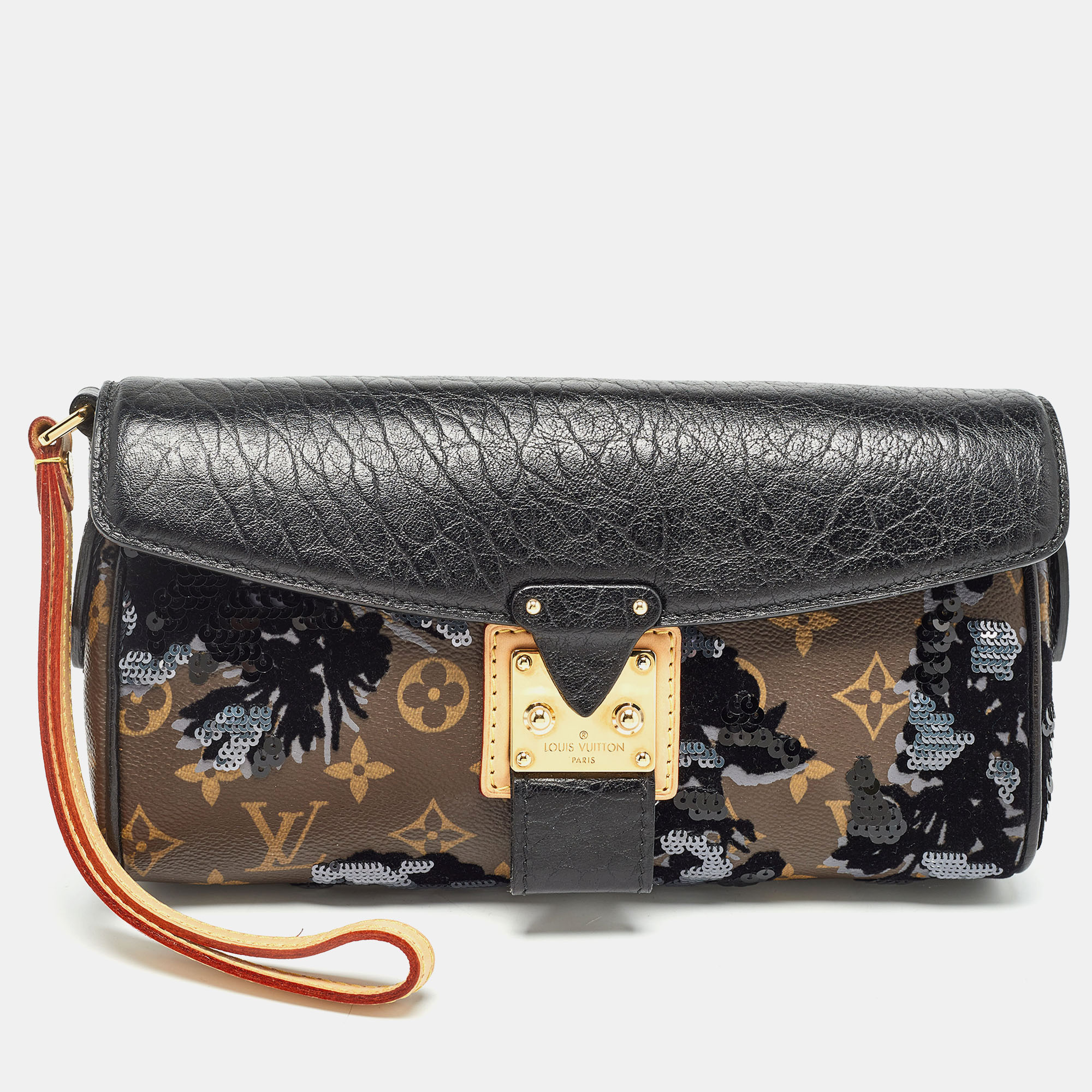 Louis vuitton black/monogram canvas and leather limited edition fleur de jais manege clutch