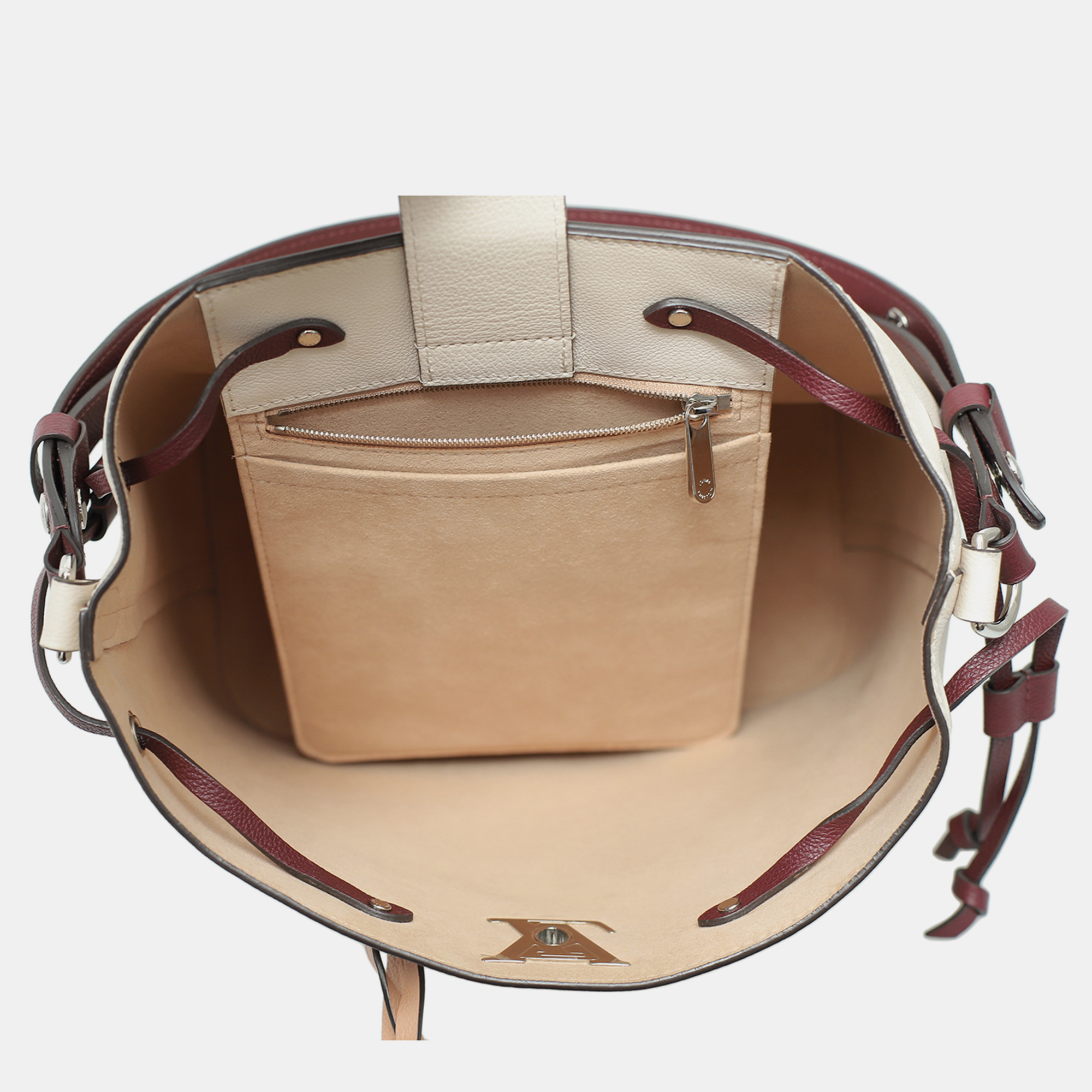 Louis Vuitton Cream, Maroon, Soft Pink Logo Lockme Bucket Bag