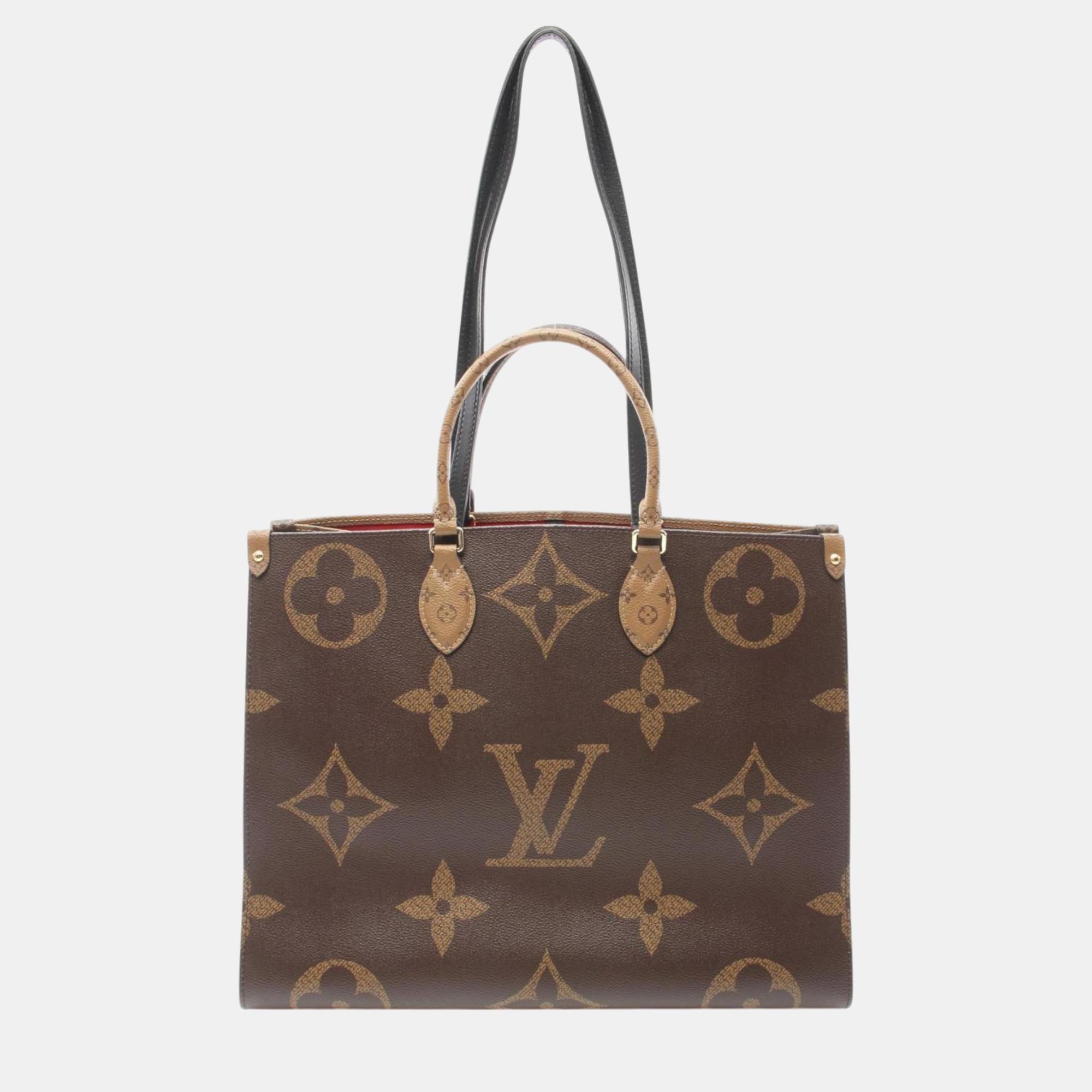 Louis Vuitton Brown Coated Canvas Leather On The Go Gm Monogram Giant Reverse Shoulder Bag