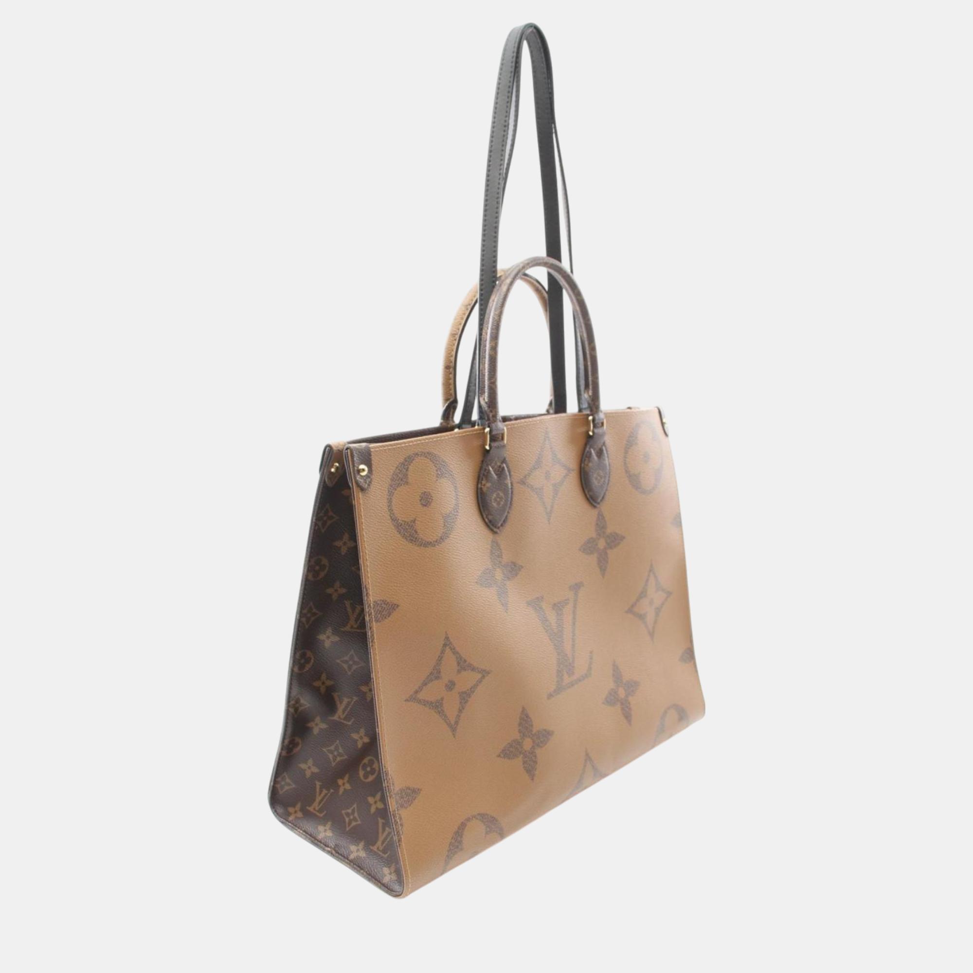 Louis Vuitton Brown Coated Canvas Leather On The Go Gm Monogram Giant Reverse Shoulder Bag