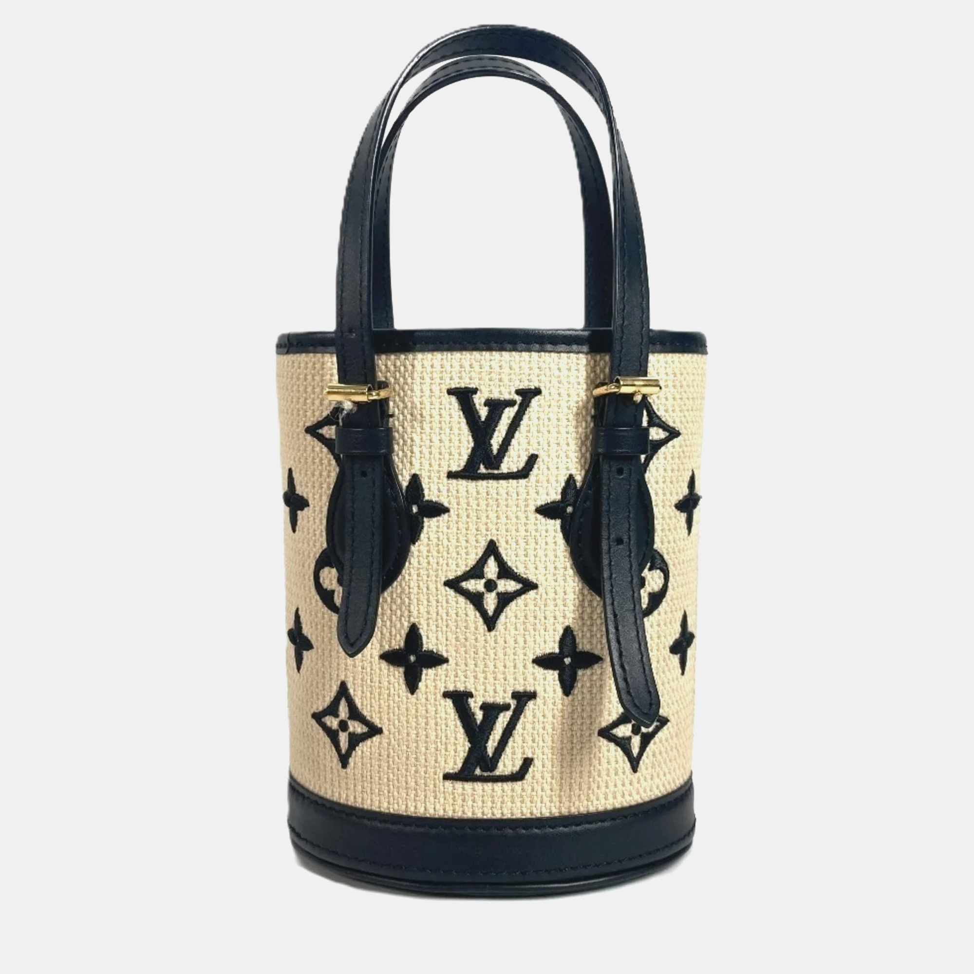 Louis Vuitton Monogram By The Pool Nano Bucket Bag Shoulder Crossbody Handbag Cotton Leather Noir Beige