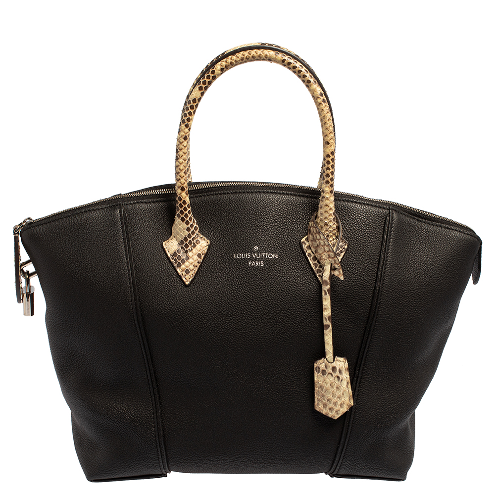 Louis Vuitton Black Leather and Python Handle Lockit MM Tote