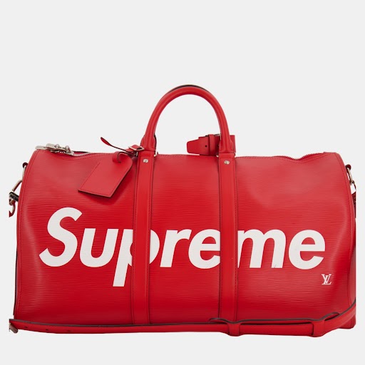 Louis vuitton x supreme red epi leather keepall 45 travel bag with silver hardware