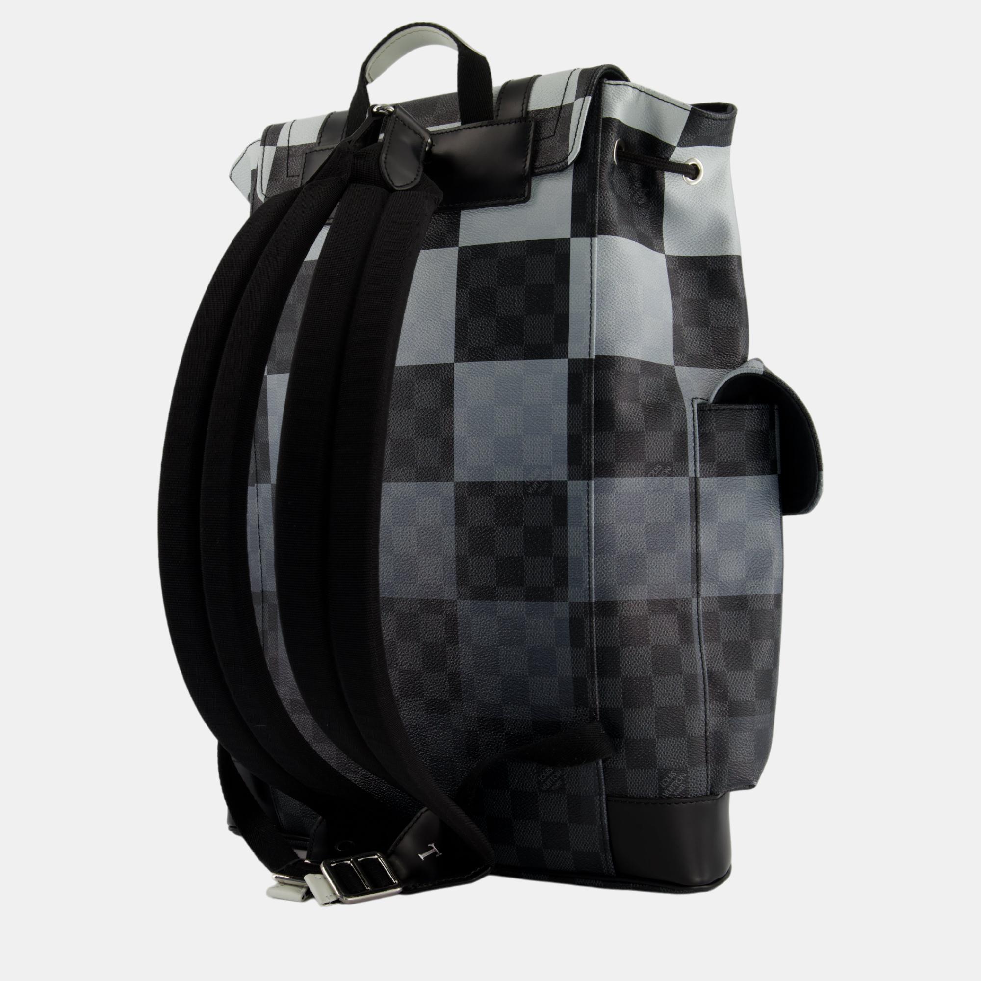 Louis Vuitton Christopher Backpack Bag In Black And White Damier Canvas With Silver Hardware