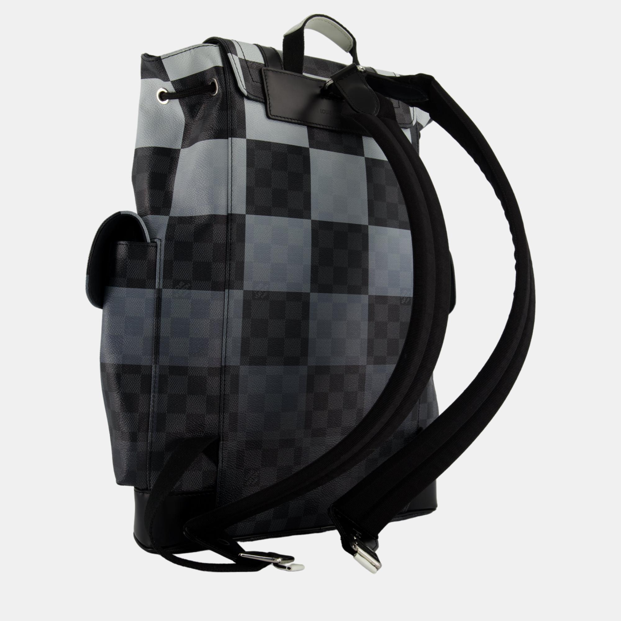 Louis Vuitton Christopher Backpack Bag In Black And White Damier Canvas With Silver Hardware