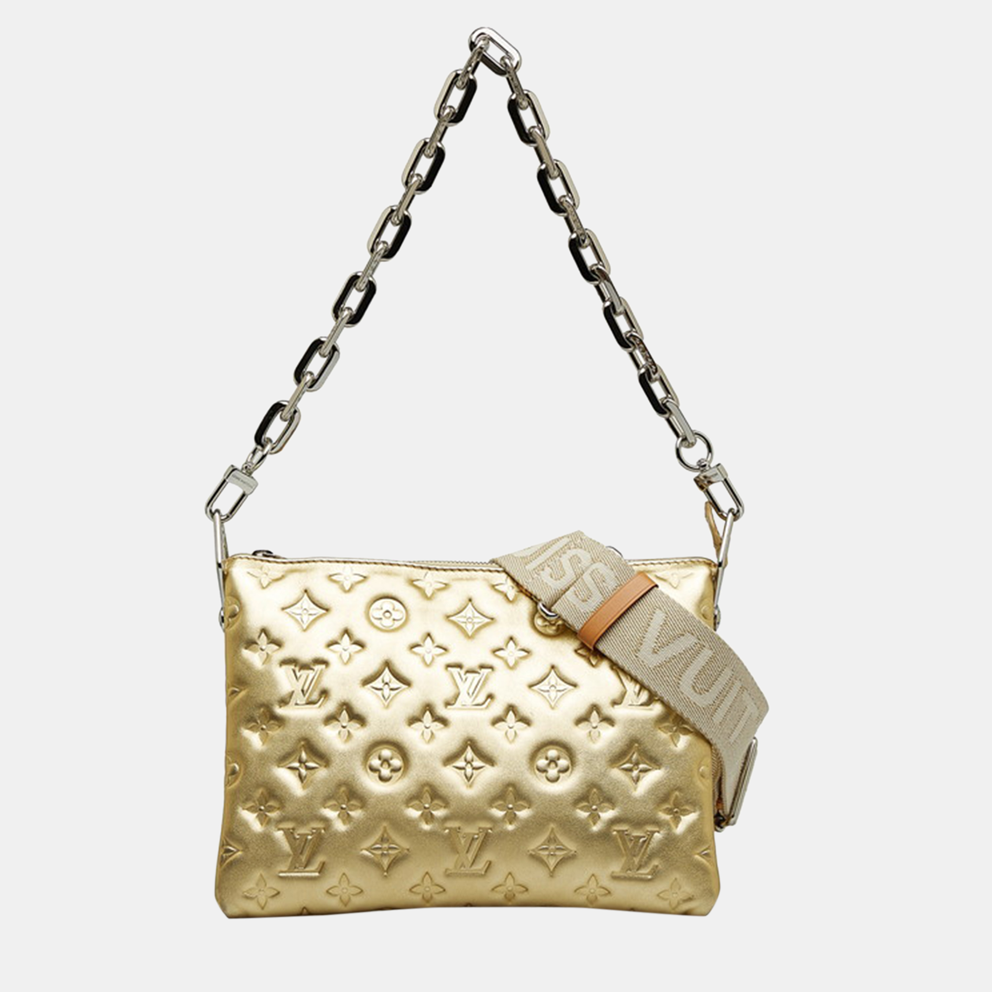 Louis vuitton gold leather monogram embossed coussin pm satchel bag