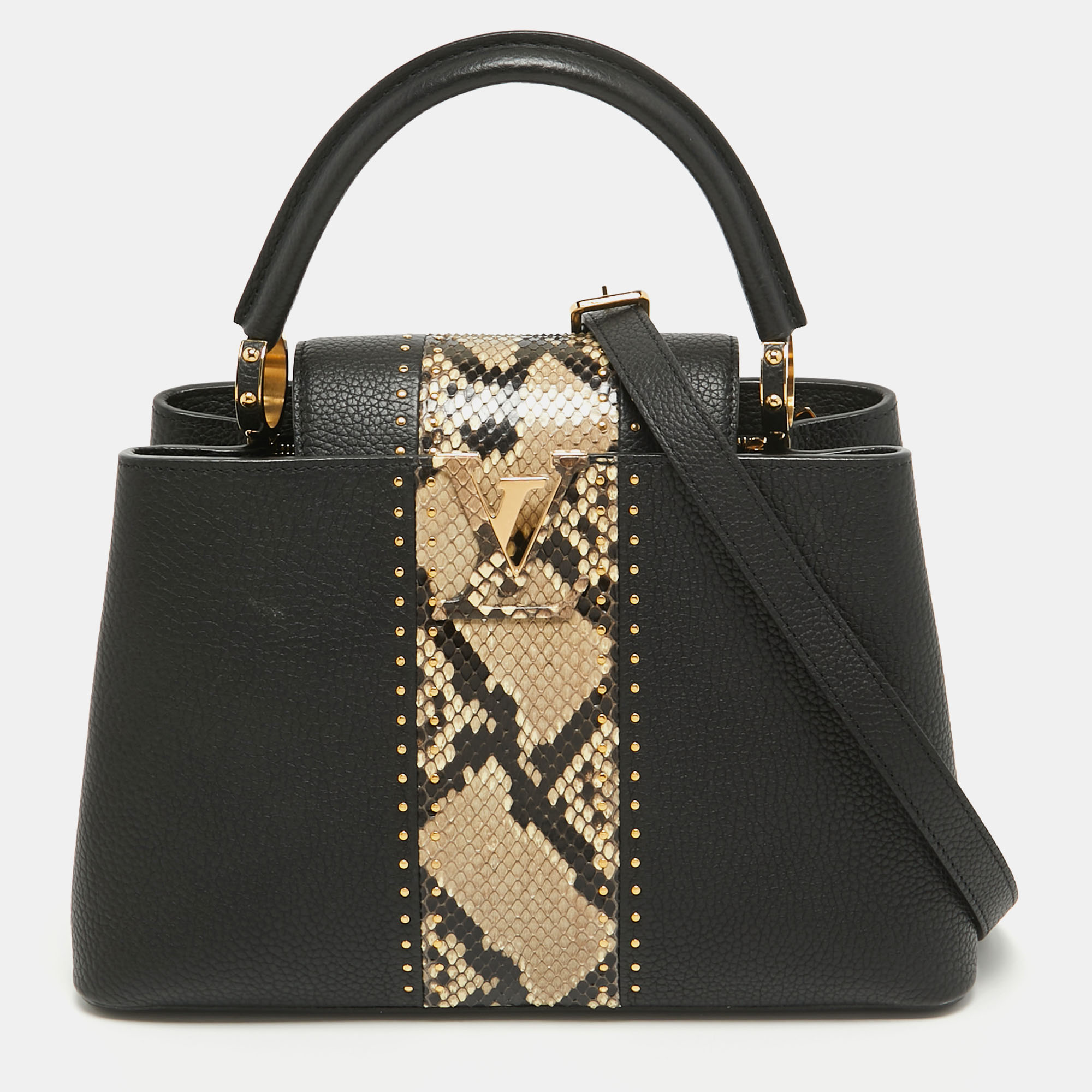 Louis Vuitton Black/Beige Leather And Python Capucines MM Bag