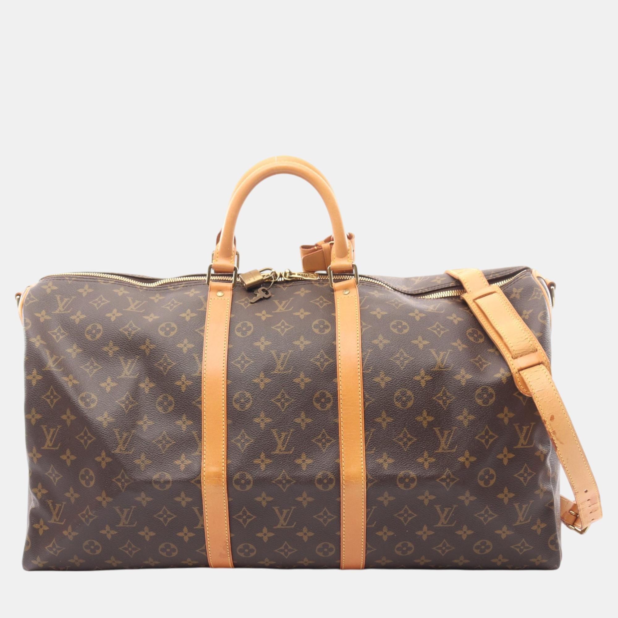 Louis vuitton keepall bandouliere 55 monogram boston bag pvc leather brown 2way