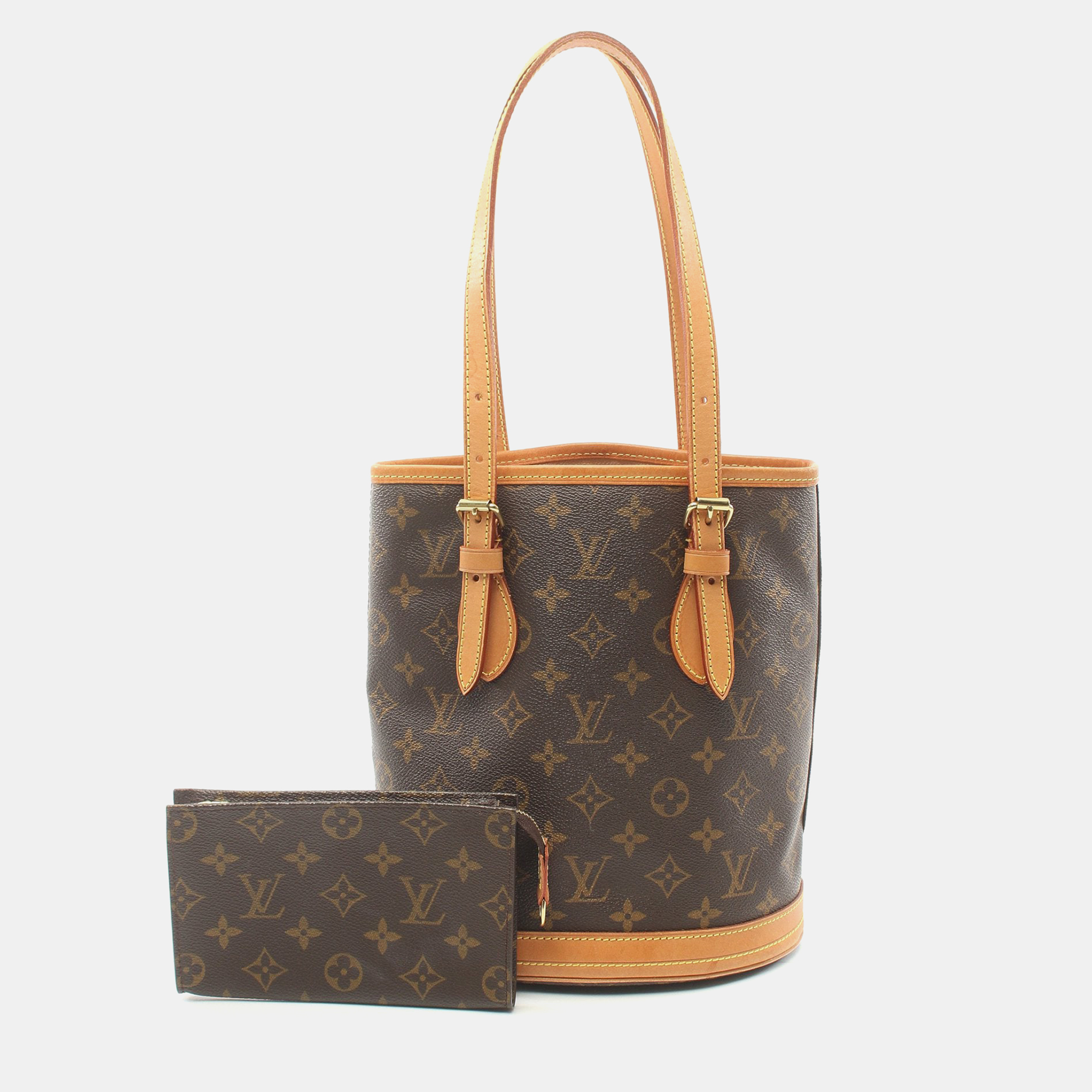Louis vuitton bucket pm monogram handbag pvc leather brown