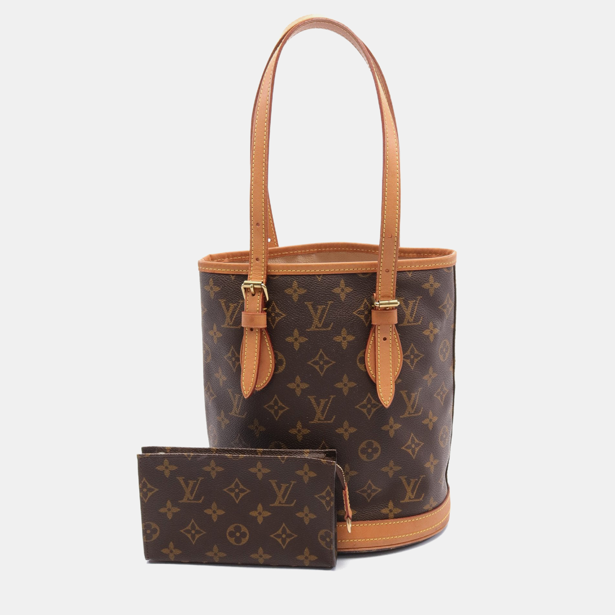 Louis vuitton bucket pm monogram handbag pvc leather brown
