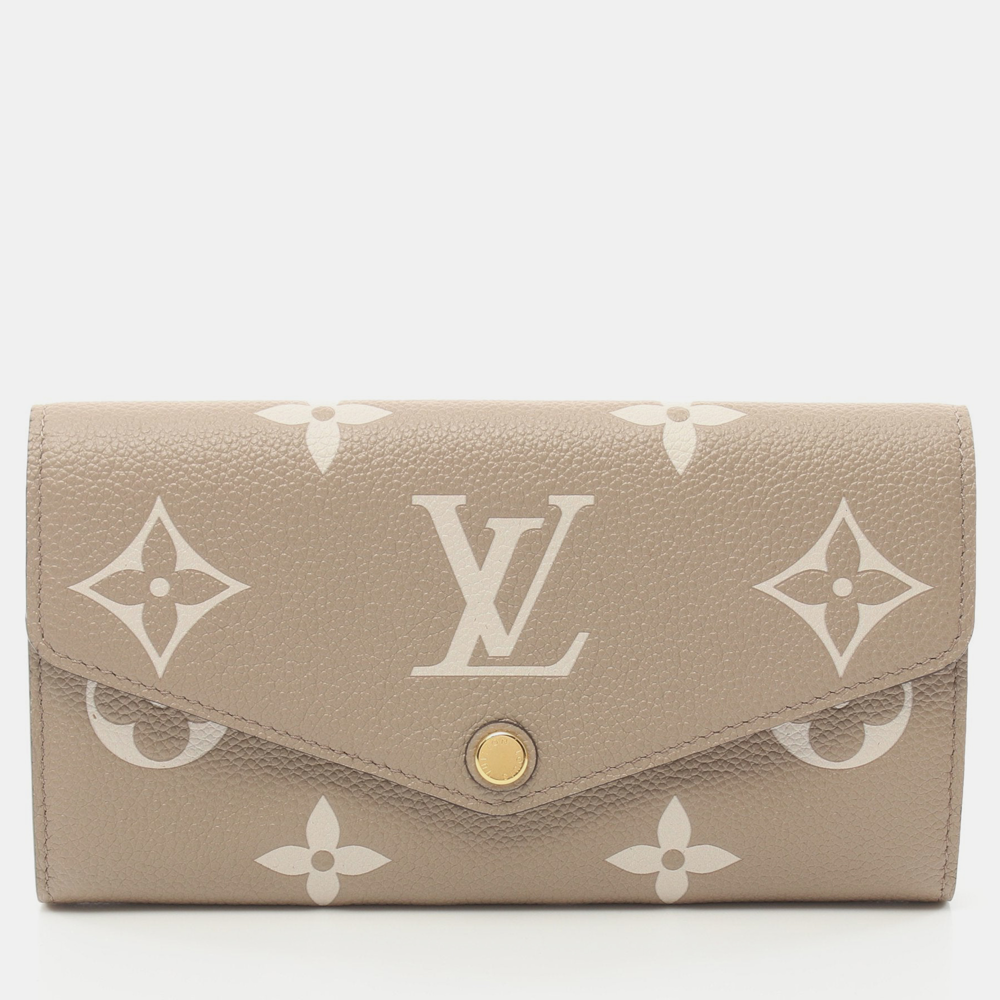 Louis vuitton portefeuil sara monogram amplant bi-fold long wallet leather beige white