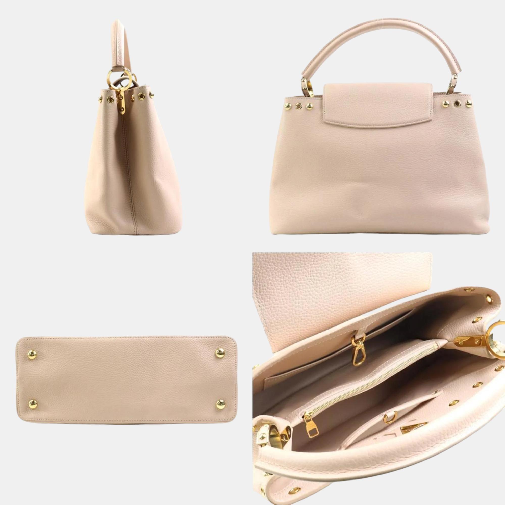 Louis Vuitton Pink Beige Leather Capucines MM Top Handle Bag