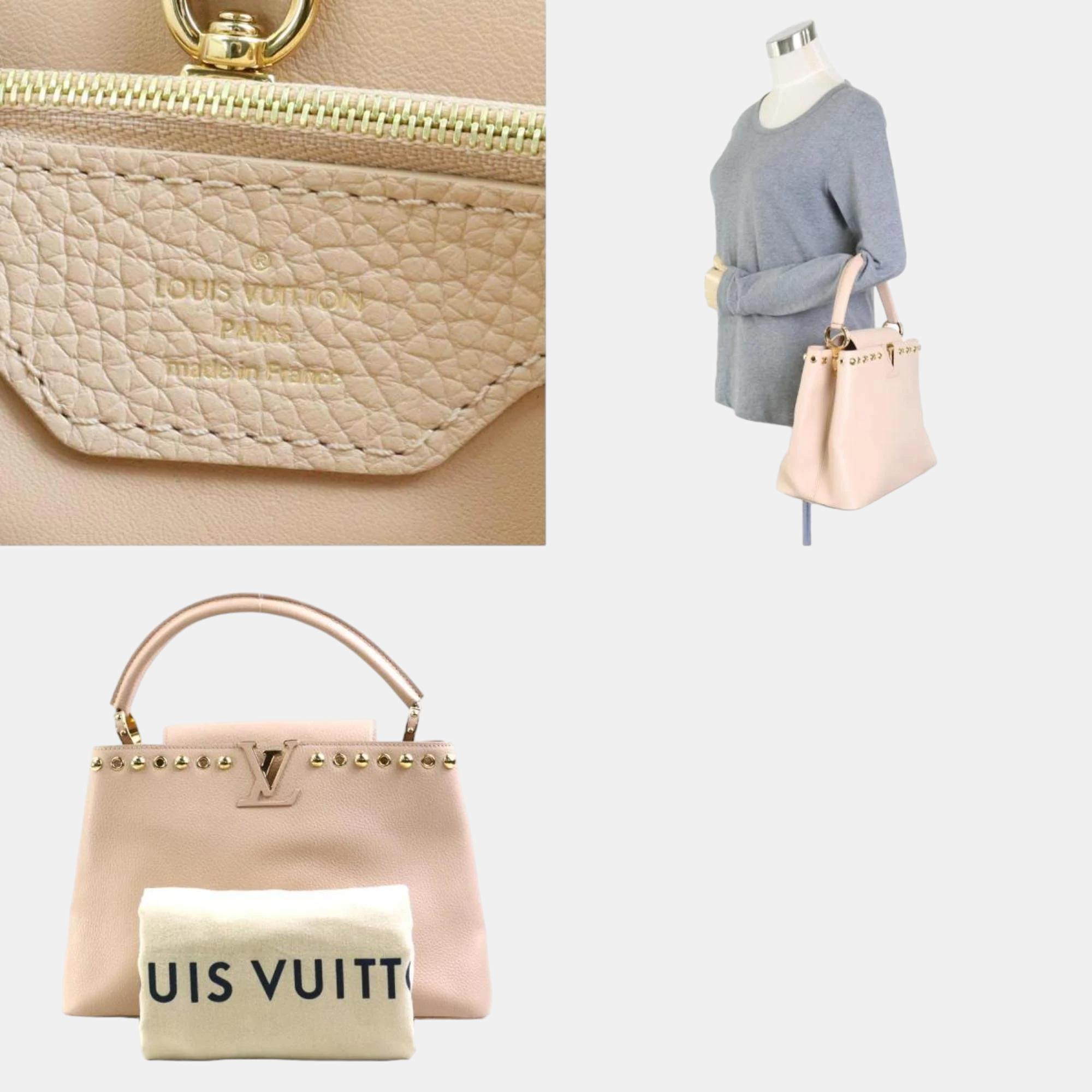 Louis Vuitton Pink Beige Leather Capucines MM Top Handle Bag