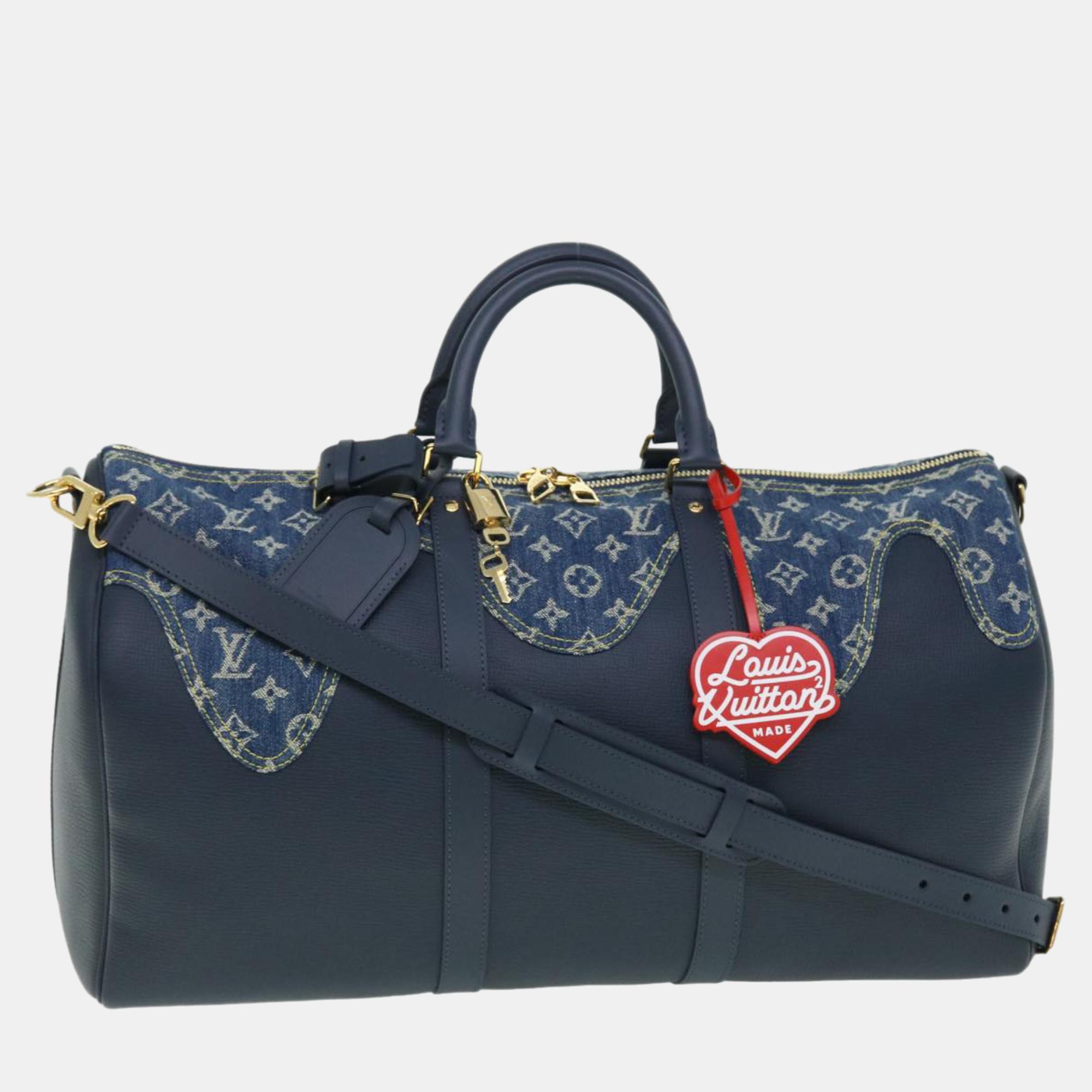 Louis vuitton virgil abloh blue monogram denim and navy grained taurillon drip keepall bandouli&egrave;re 50 duffel bags