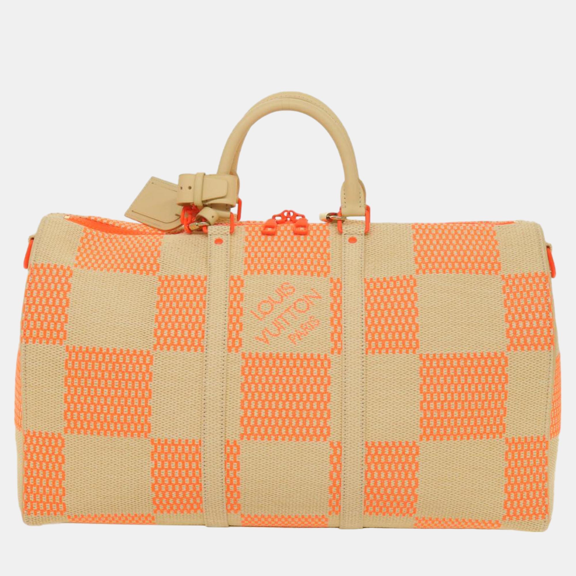 Louis vuitton orange damier woven raffia bandouliere keepall 50 duffel bags