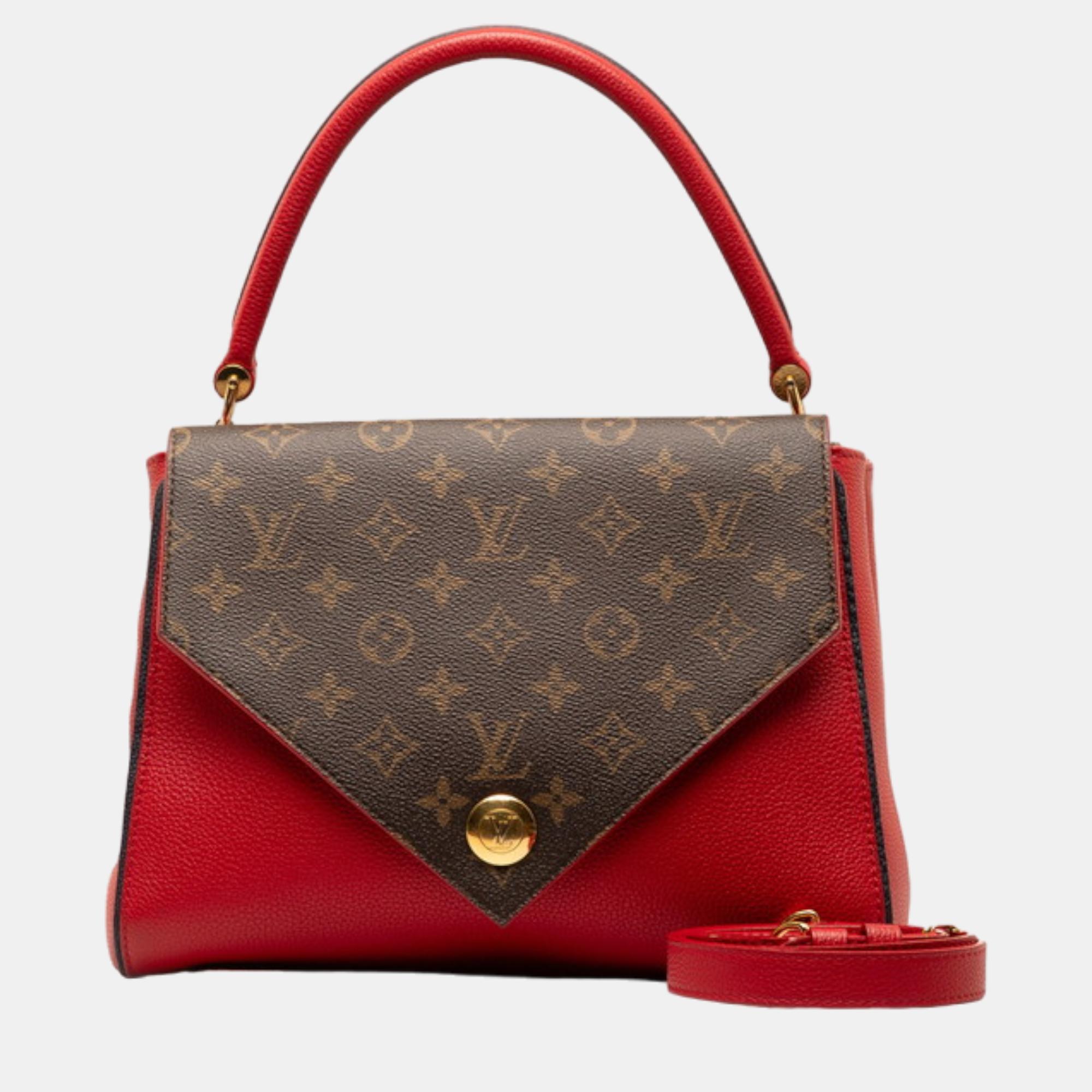Louis vuitton red monogram canvas and leather double v top handle bag