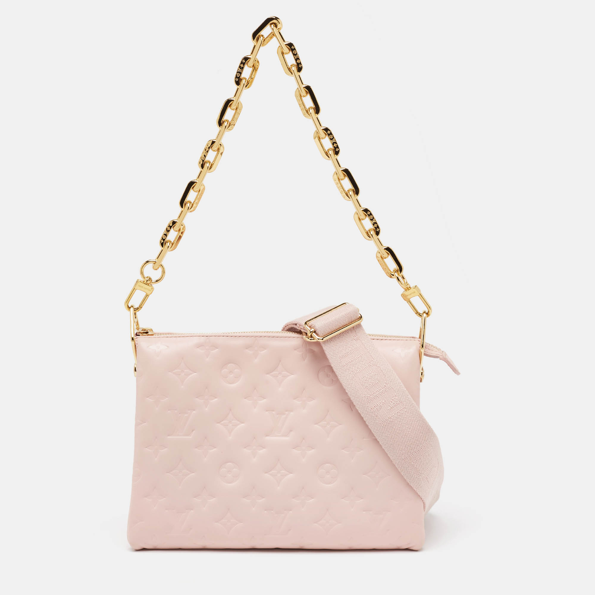 Louis vuitton soft rose pink monogram embossed leather coussin pm bag