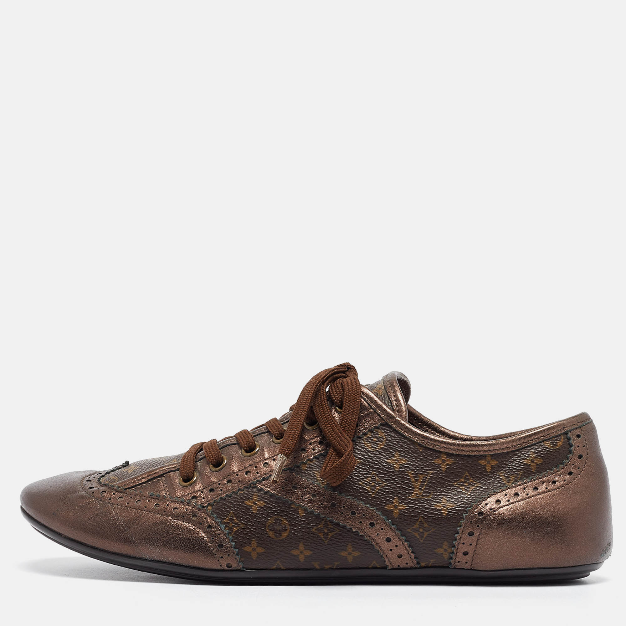 Louis vuitton metallic bronze monogram leather and canvas lace up sneakers size 39