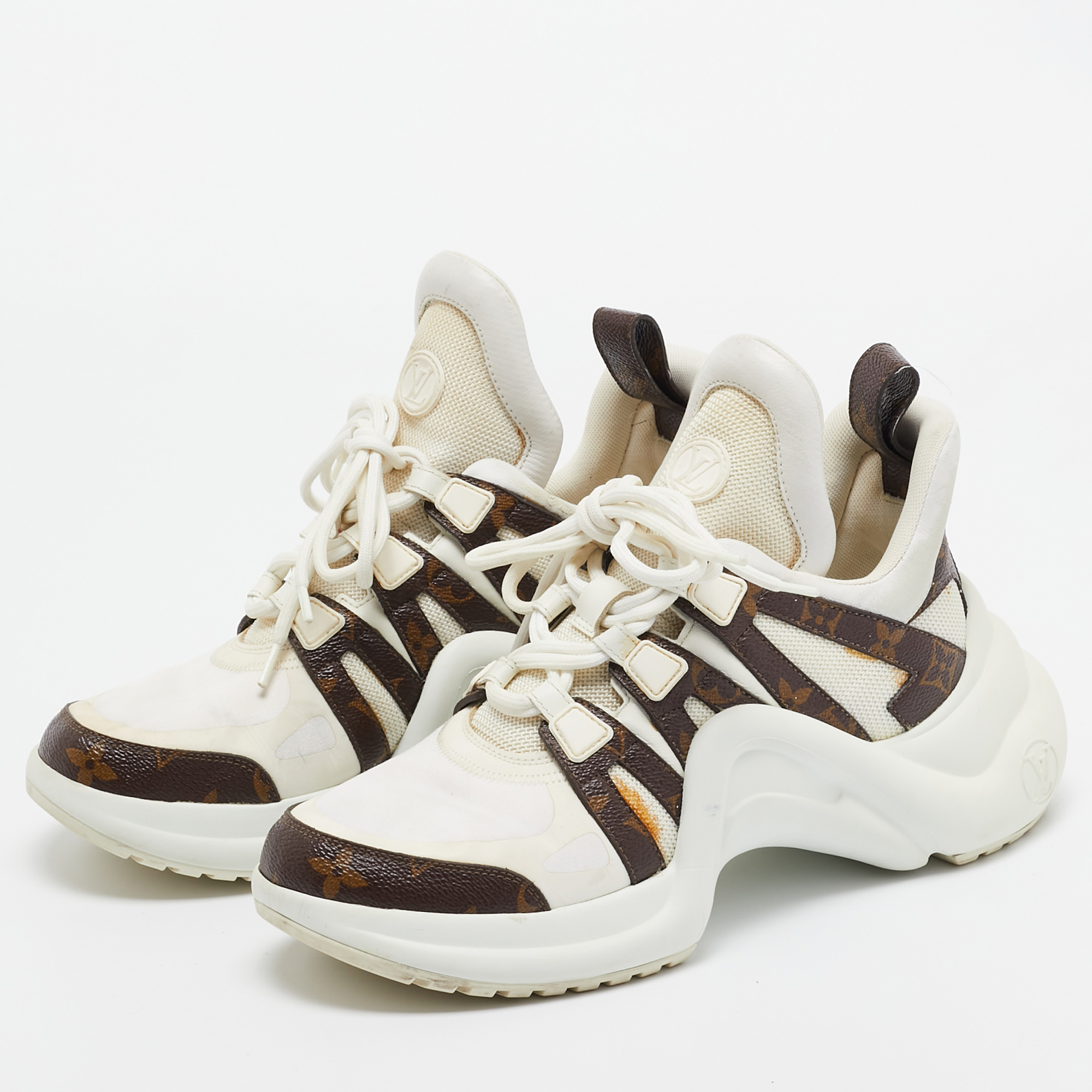 Louis Vuitton White/Brown Nylon And  Leather Archlight Sneakers Size 38.5