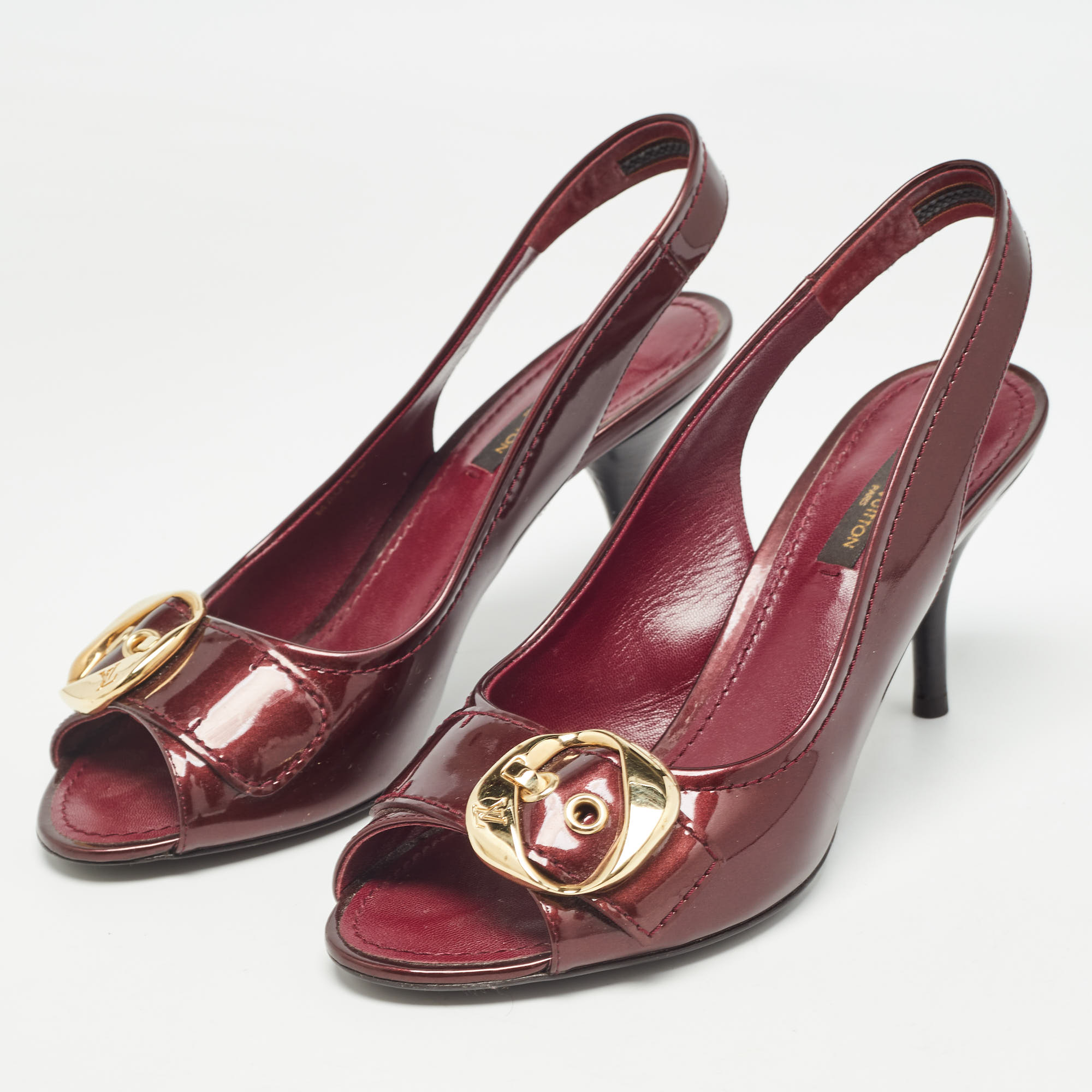 Louis Vuitton Burgundy Patent Leather Slingback Sandals Size 37