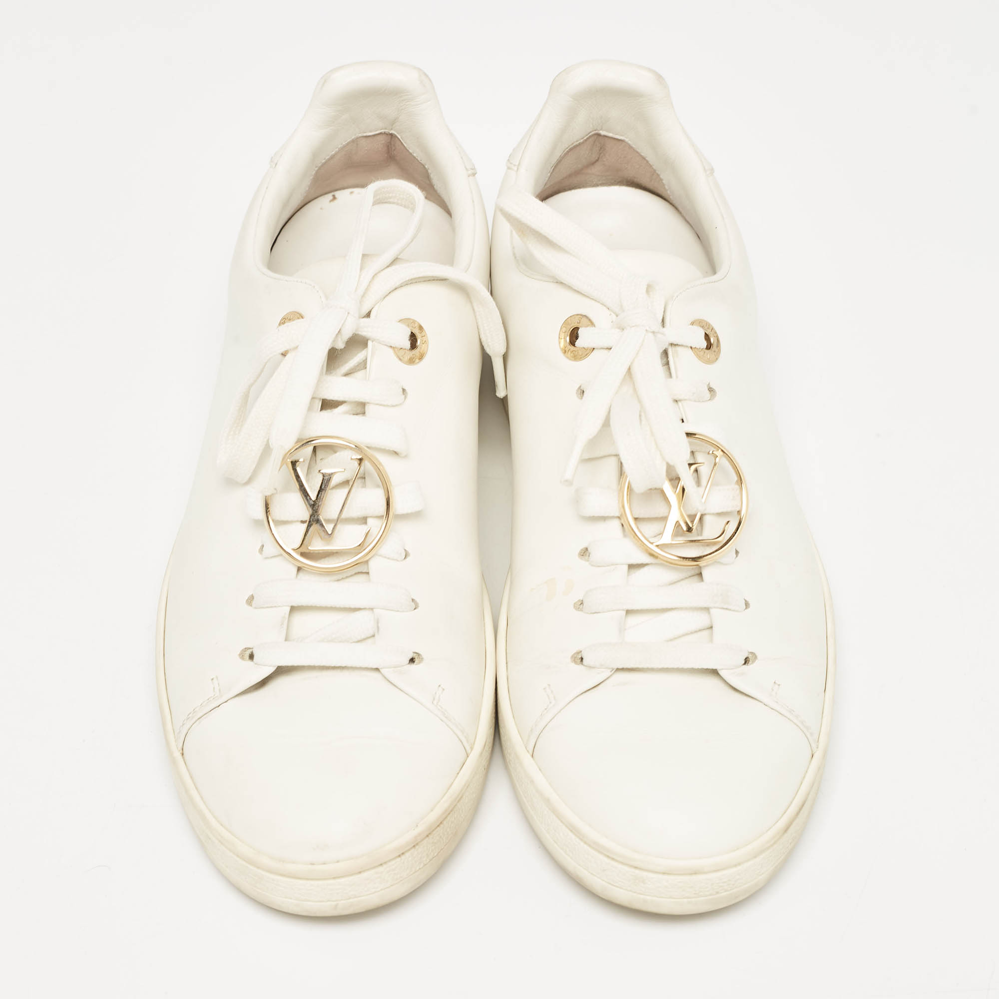 Louis Vuitton White Leather V Logo Lace Up Sneakers Size 36