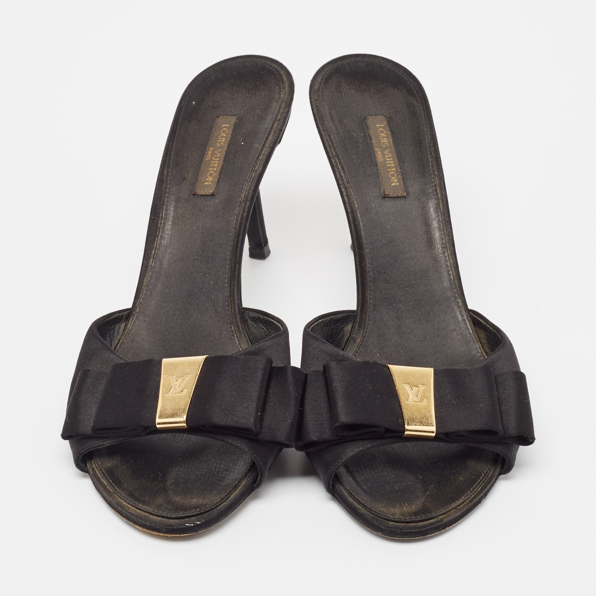 Louis Vuitton Black Satin Bow Slide Sandals Size 39.5