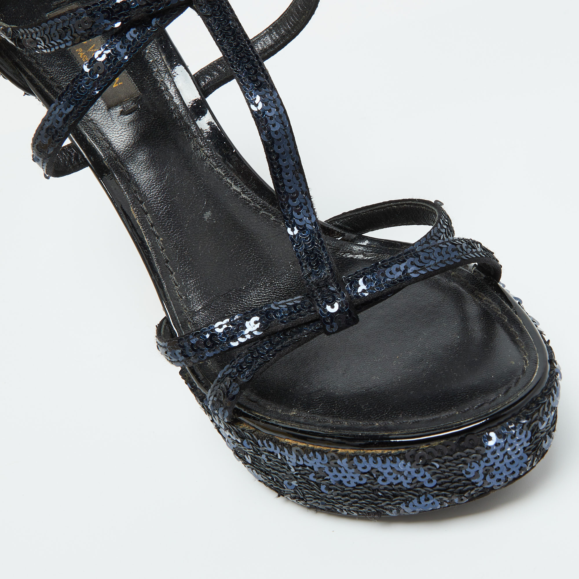 Louis Vuitton Black/Blue Sequins Platform Ankle Strap Sandals Size 36.5