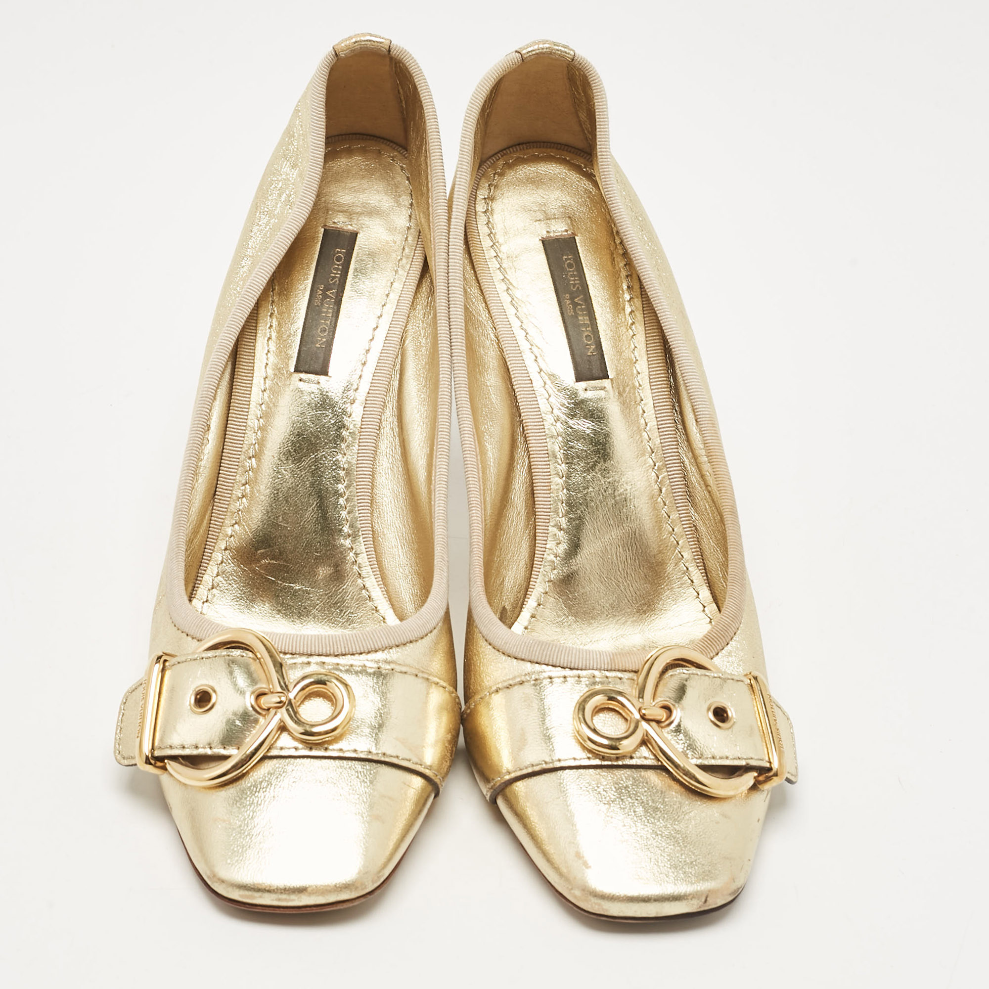 Louis Vuitton Gold Leather Square Toe Buckle Pumps Size 37