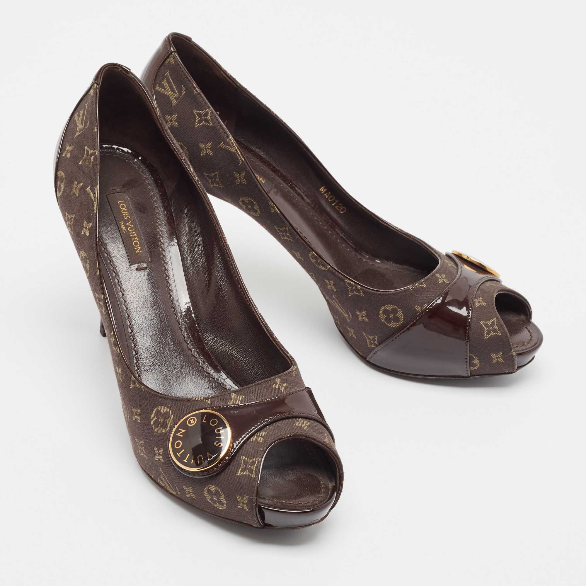 Louis Vuitton Brown Canvas And Patent Leather Peep Toe Pumps Size 38.5