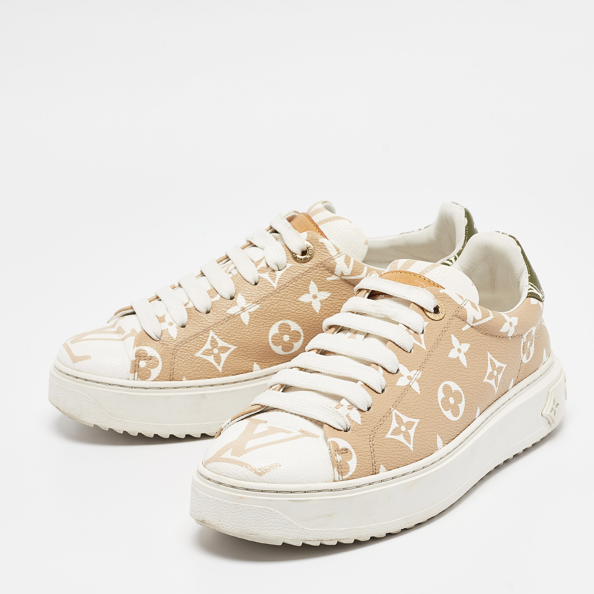 Louis Vuitton Beige Canvas Time Out Lace Up Sneakers Size 38