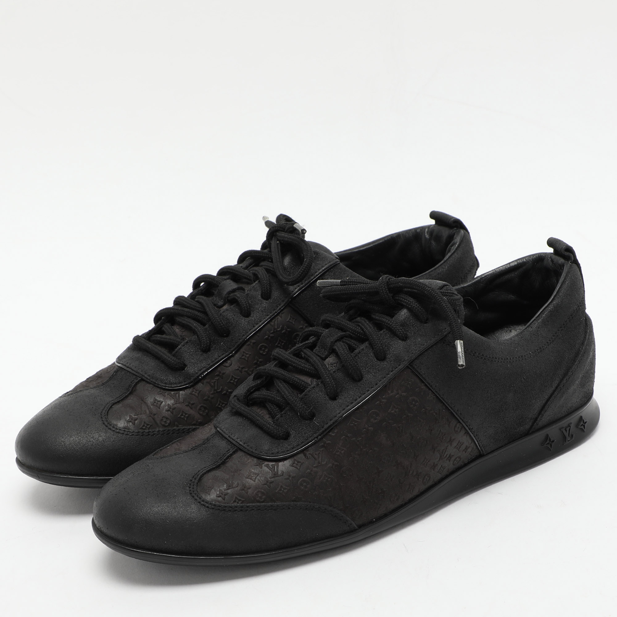 Louis Vuitton Black Monogram Satin And Suede Low Top Sneakers Size 37.5