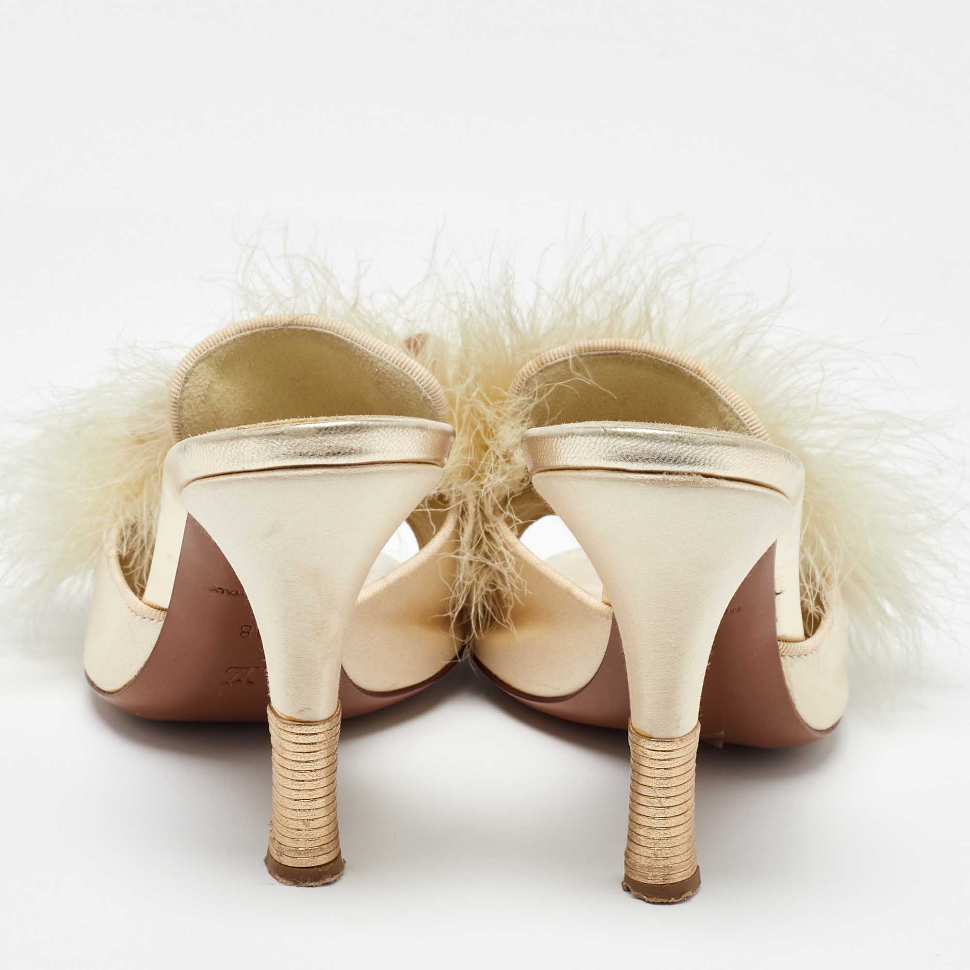 Louis Vuitton Cream Satin And Ostrich Feather Bow Slide Sandals Size 38