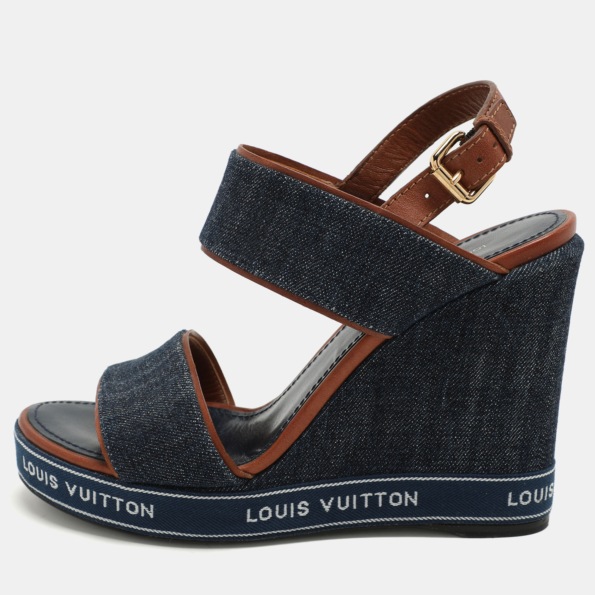 Louis Vuitton Blue Denim Wedge Ankle Strap Sandals Size 39