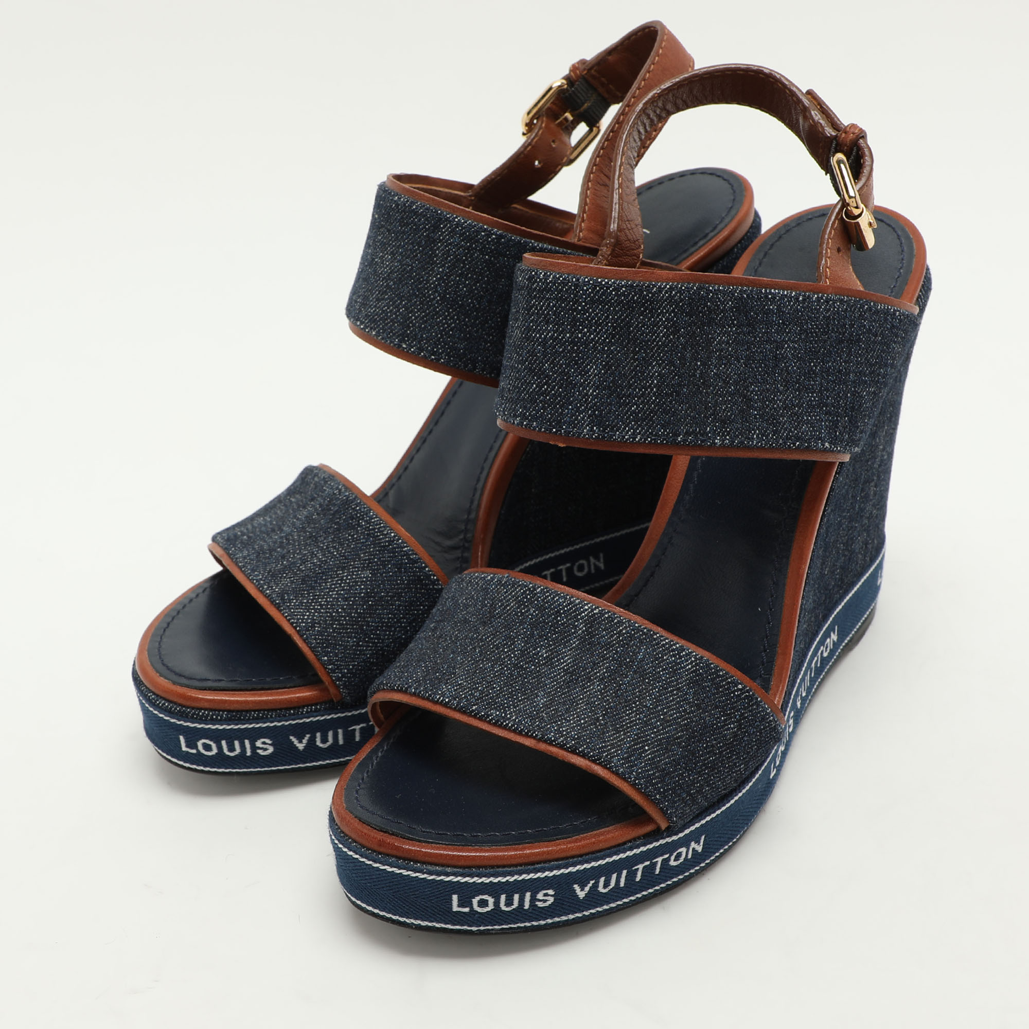 Louis Vuitton Blue Denim Wedge Ankle Strap Sandals Size 39