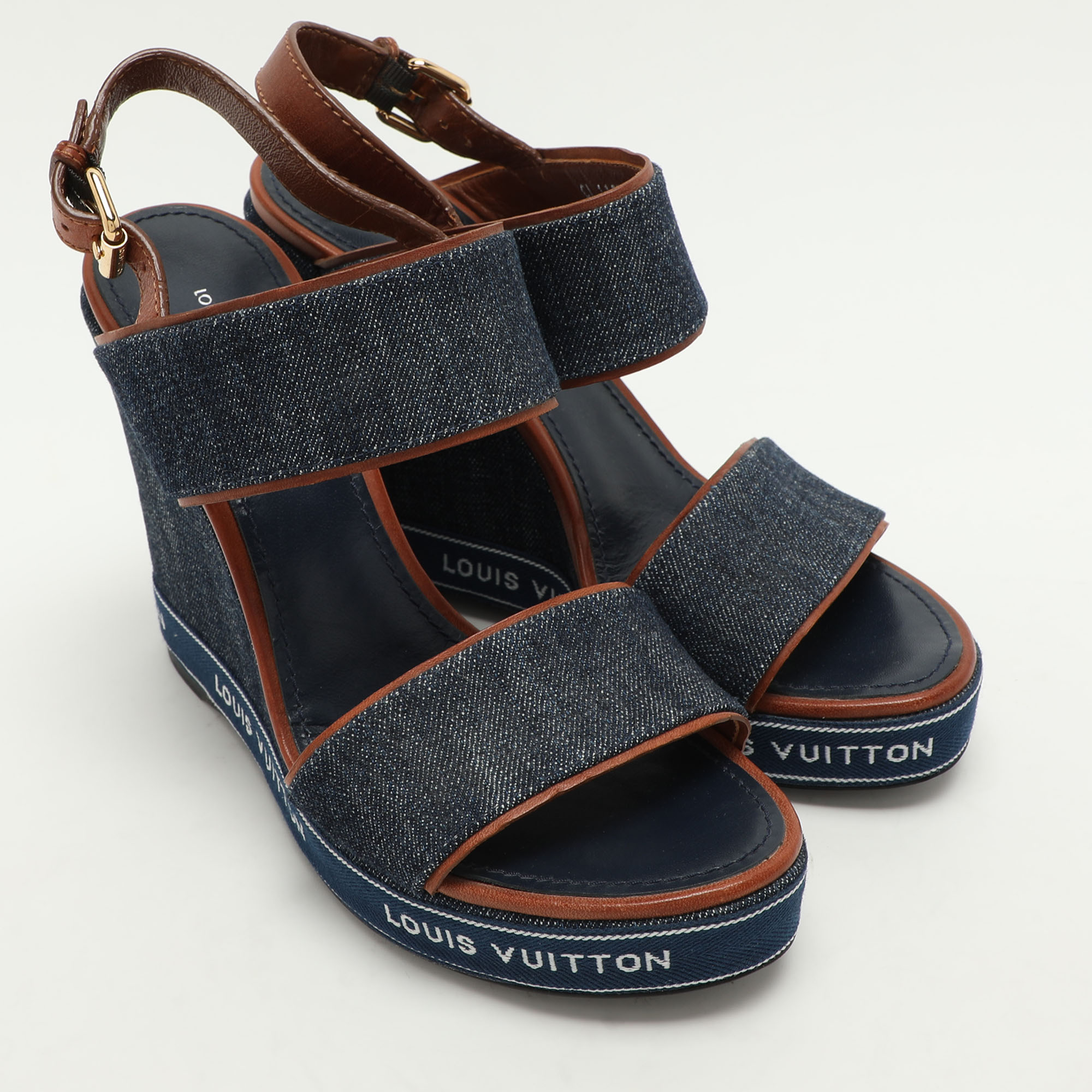 Louis Vuitton Blue Denim Wedge Ankle Strap Sandals Size 39