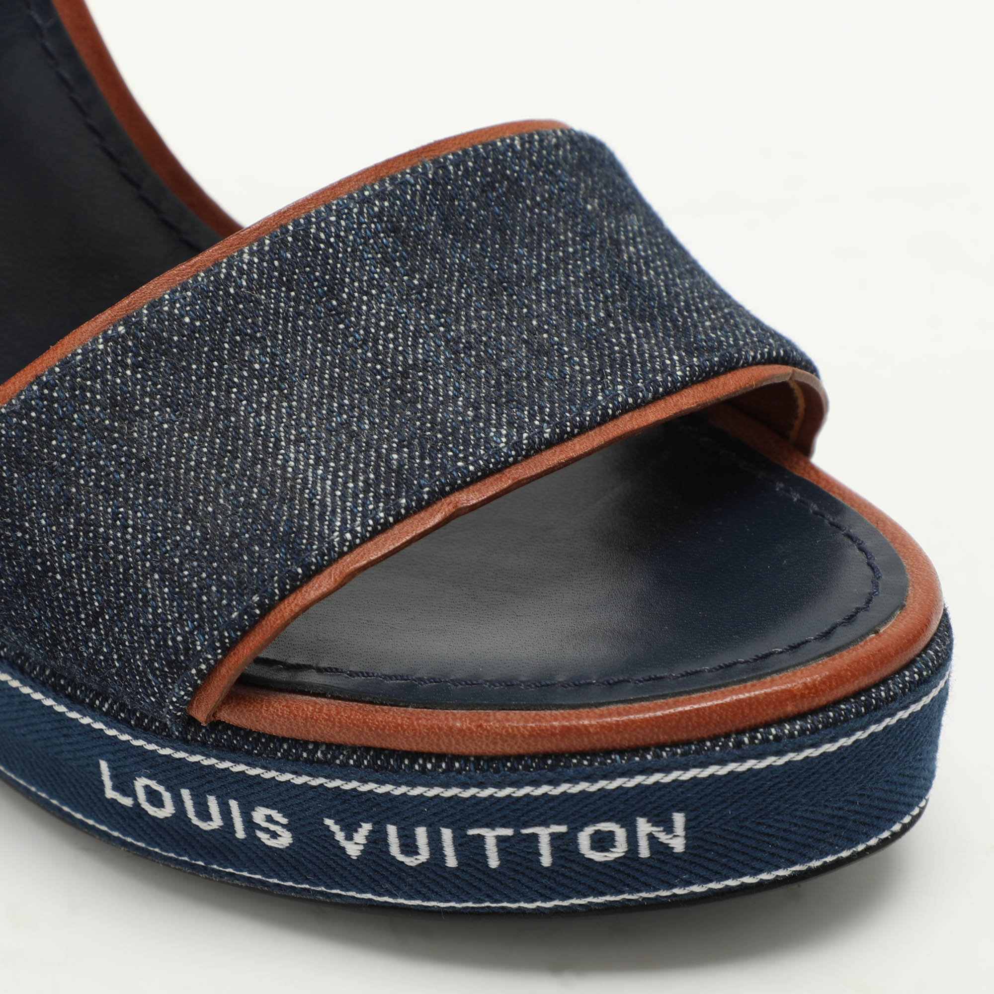 Louis Vuitton Blue Denim Wedge Ankle Strap Sandals Size 39