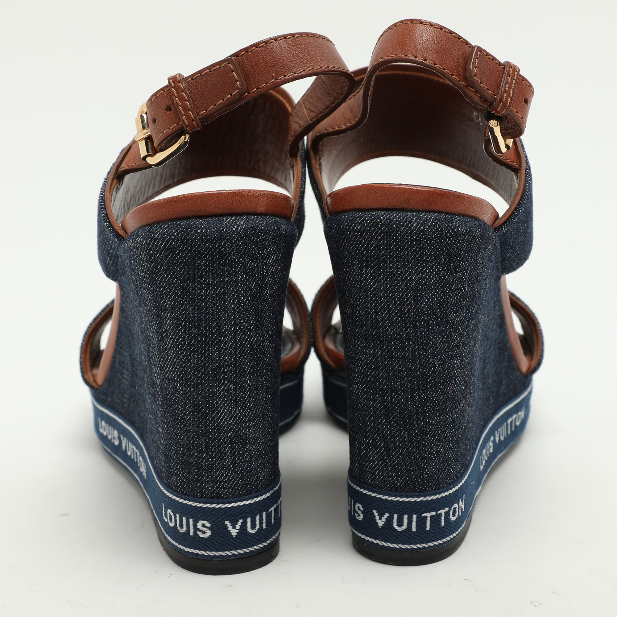 Louis Vuitton Blue Denim Wedge Ankle Strap Sandals Size 39