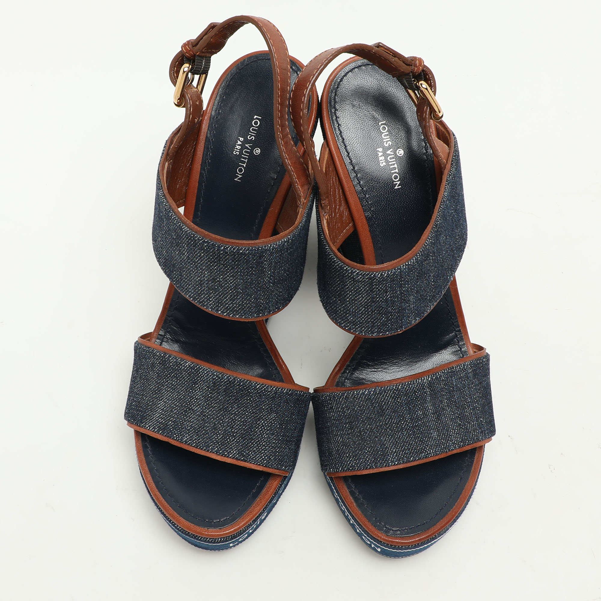 Louis Vuitton Blue Denim Wedge Ankle Strap Sandals Size 39