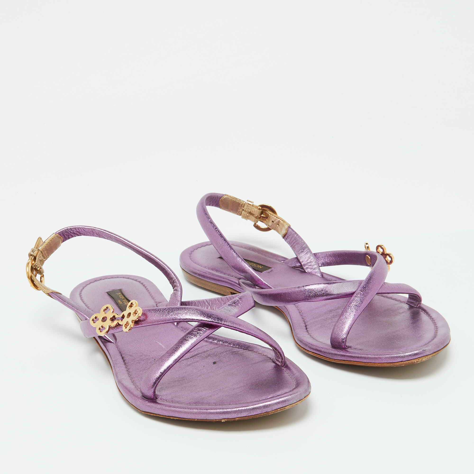 Louis Vuitton Metallic Purple Leather Flat Sandals Size 37.5