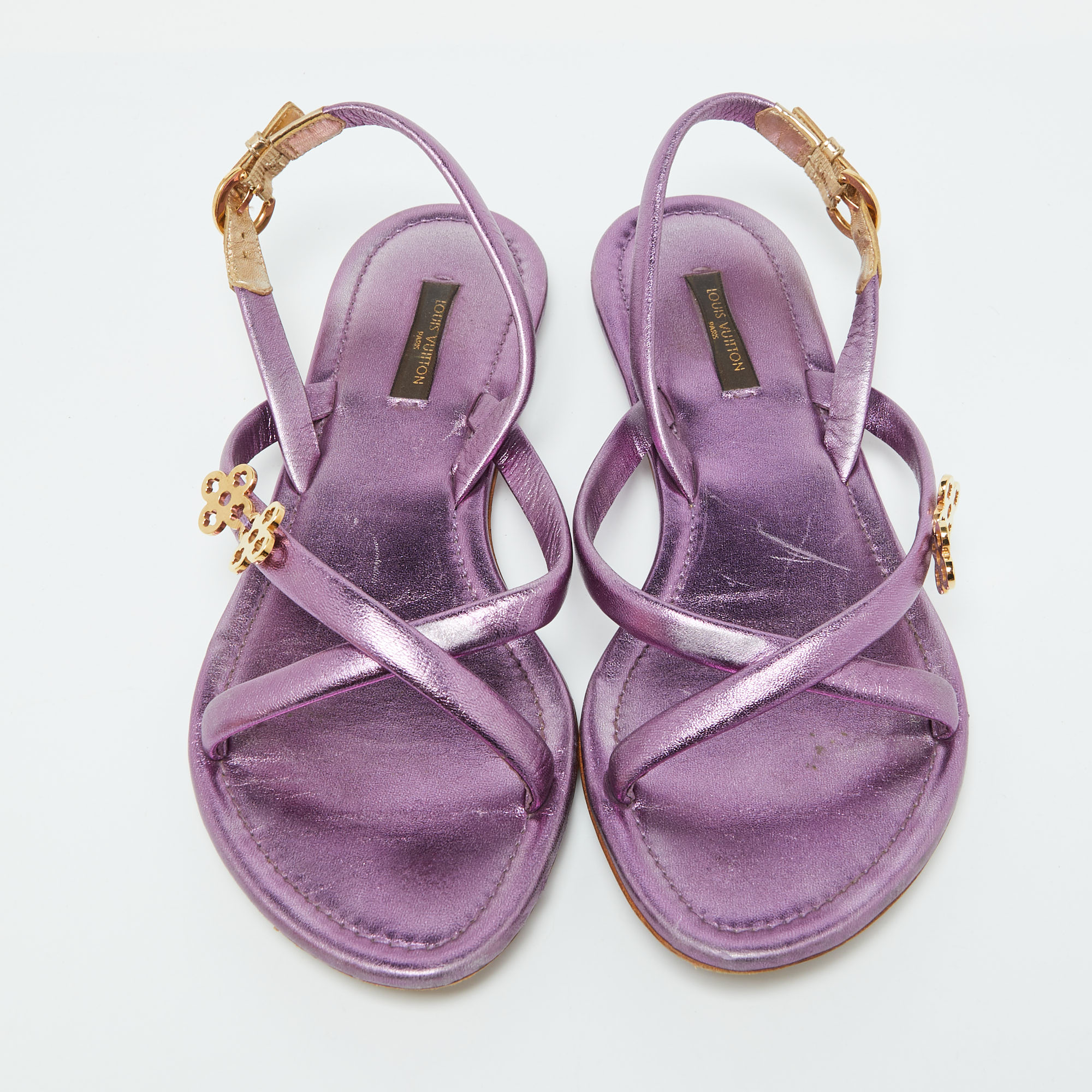 Louis Vuitton Metallic Purple Leather Flat Sandals Size 37.5