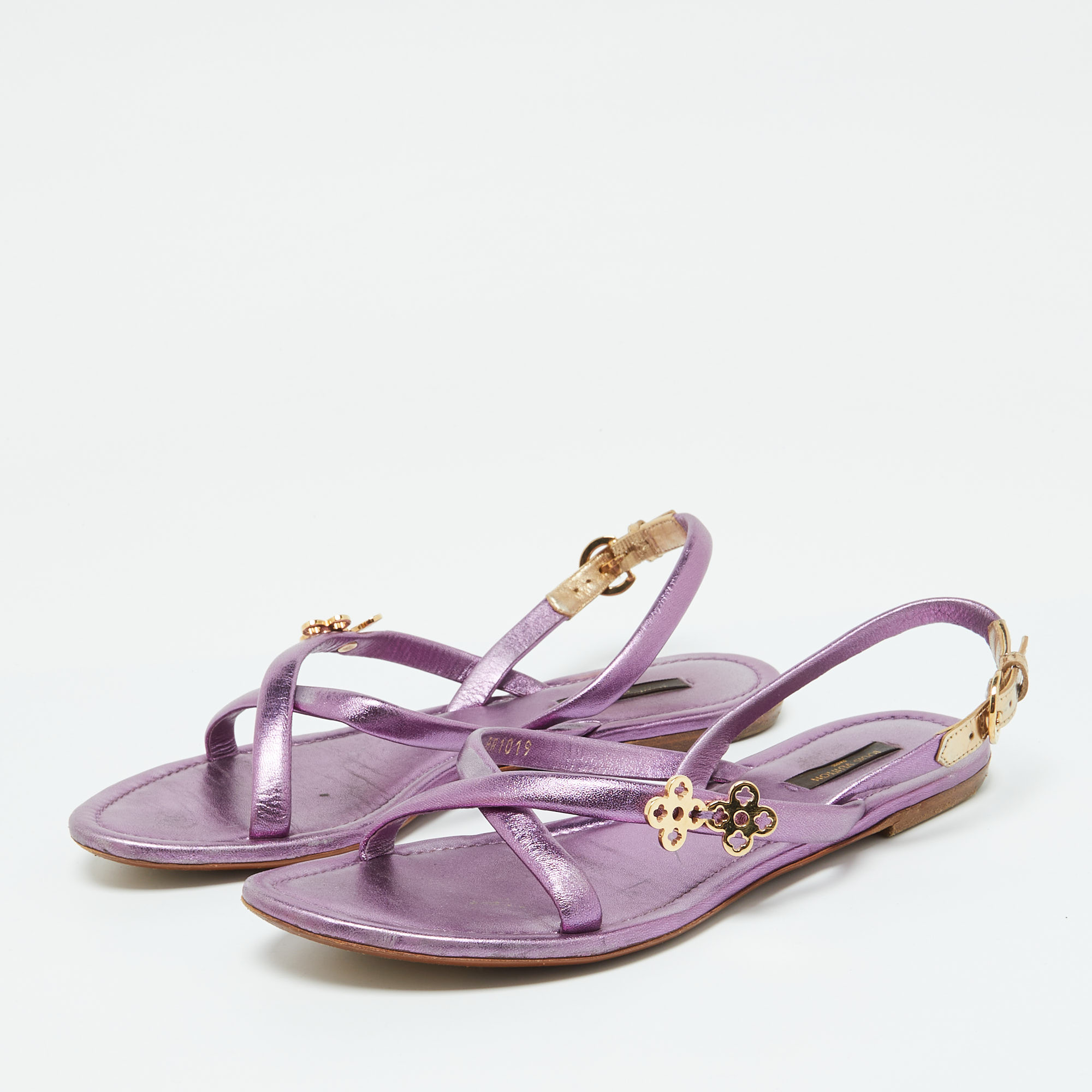 Louis Vuitton Metallic Purple Leather Flat Sandals Size 37.5