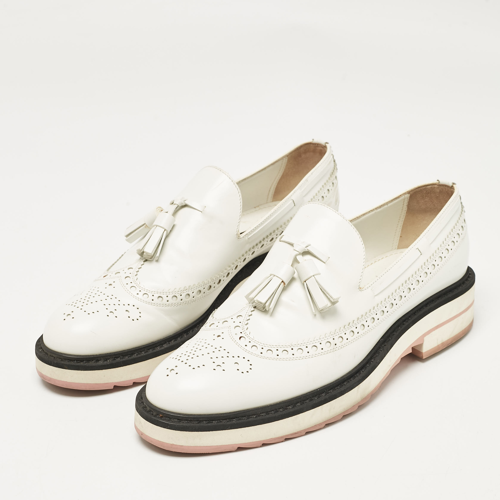 Louis Vuitton White Leather Tassel Brogue Slip On Loafers Size 37.5