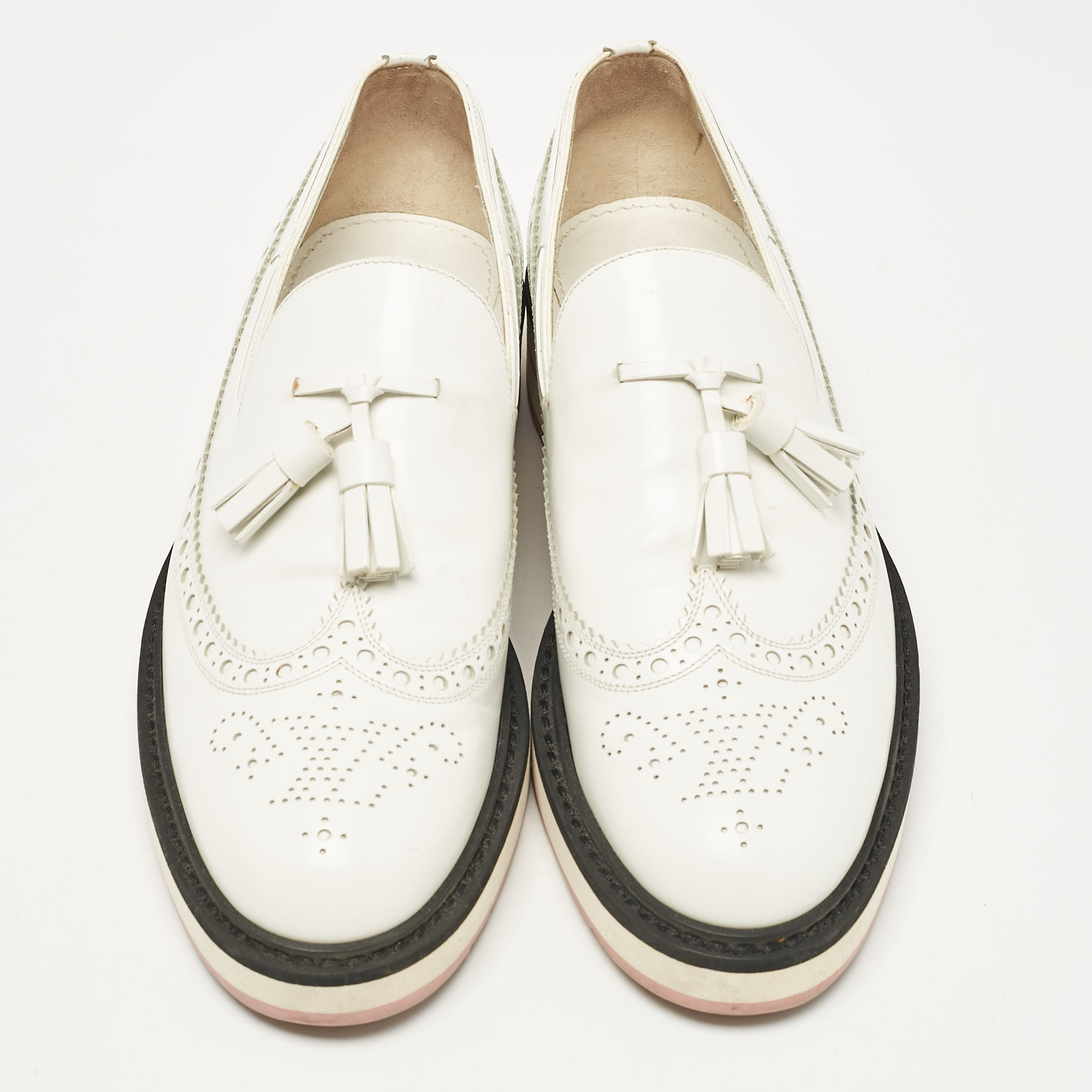 Louis Vuitton White Leather Tassel Brogue Slip On Loafers Size 37.5