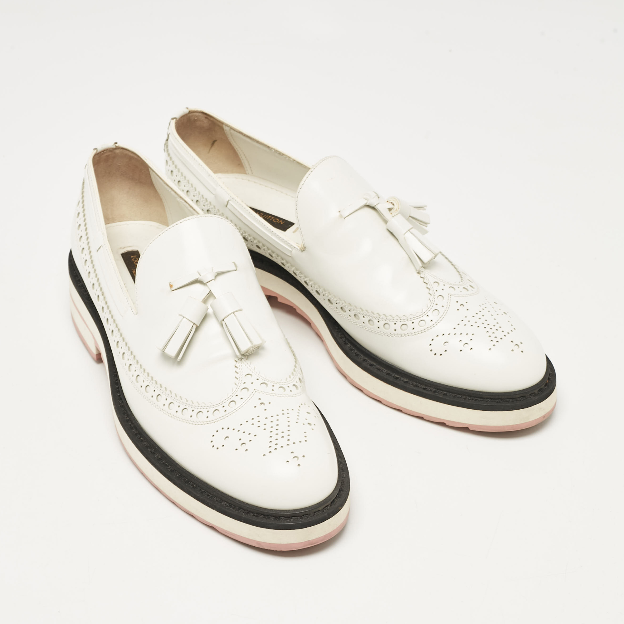 Louis Vuitton White Leather Tassel Brogue Slip On Loafers Size 37.5