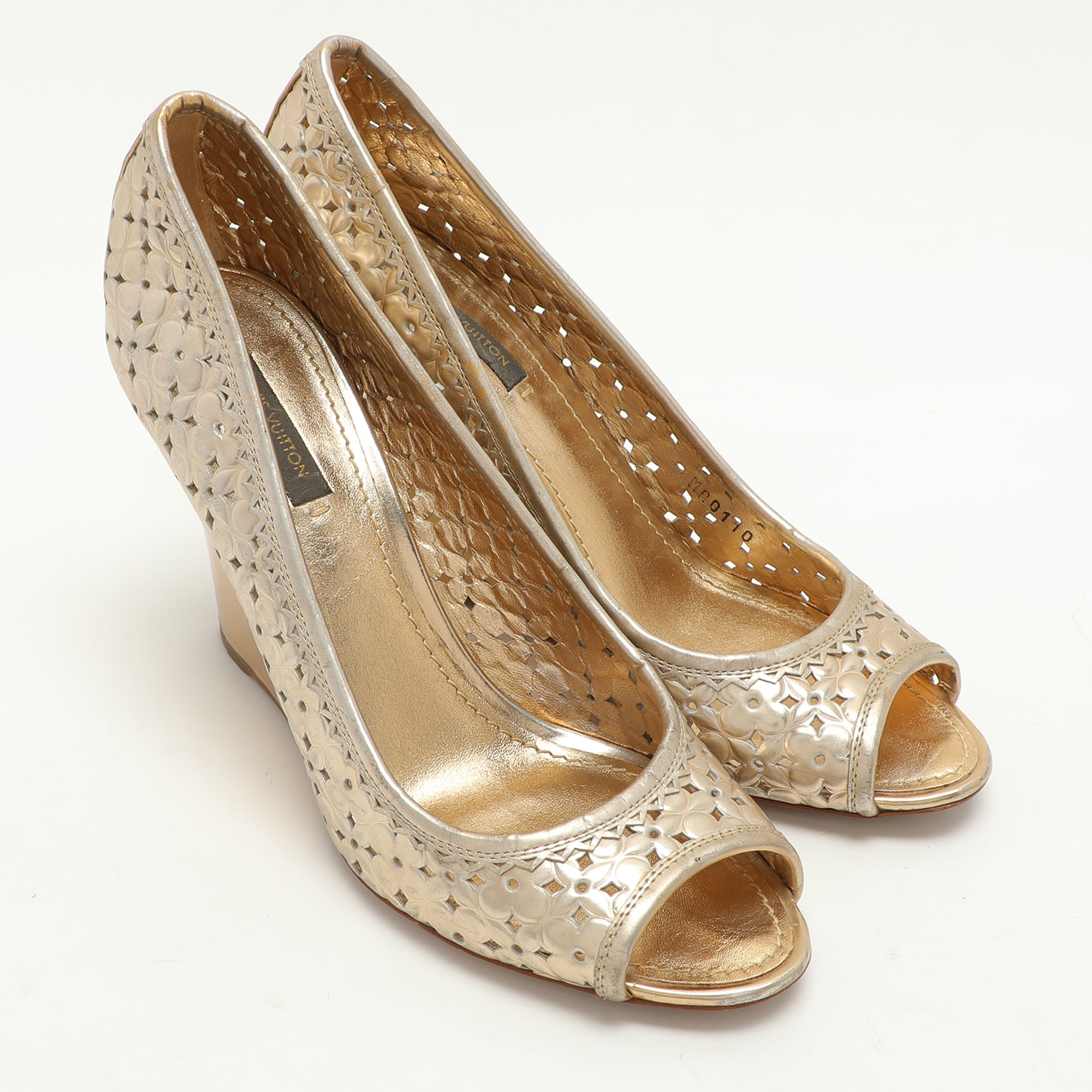 Louis Vuitton Gold Laser Cut Patent Leather Peep Toe Pumps Size 39