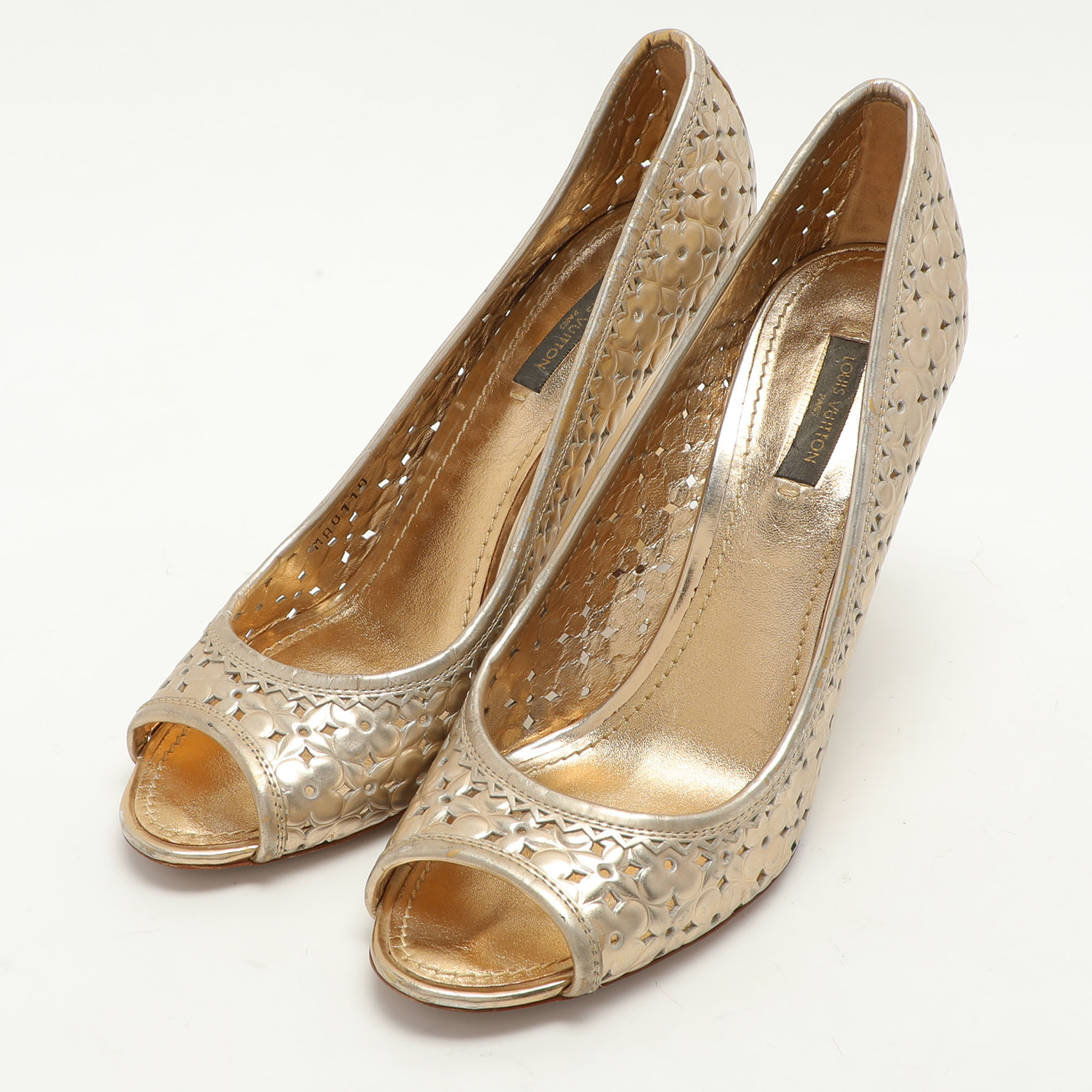 Louis Vuitton Gold Laser Cut Patent Leather Peep Toe Pumps Size 39