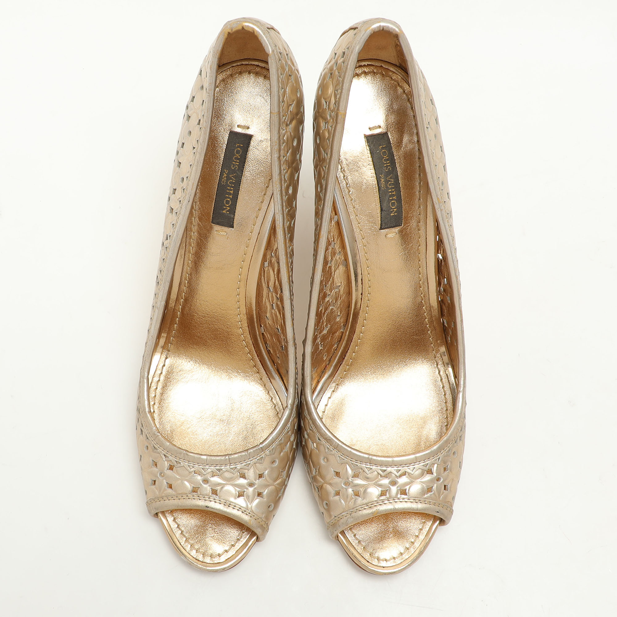 Louis Vuitton Gold Laser Cut Patent Leather Peep Toe Pumps Size 39