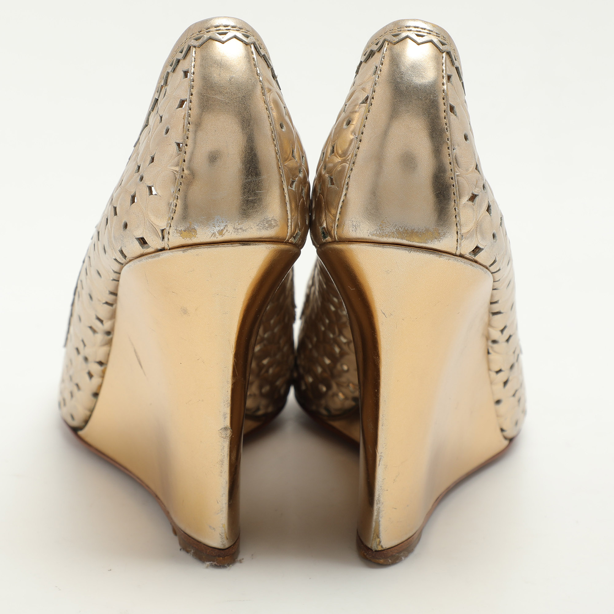 Louis Vuitton Gold Laser Cut Patent Leather Peep Toe Pumps Size 39